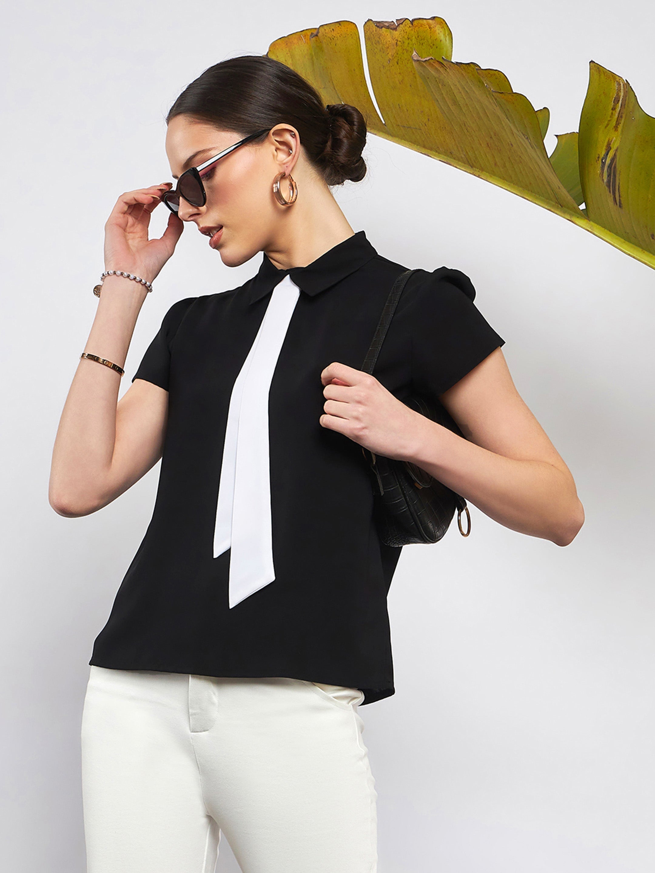 Women Black Neck Tie Detail Top