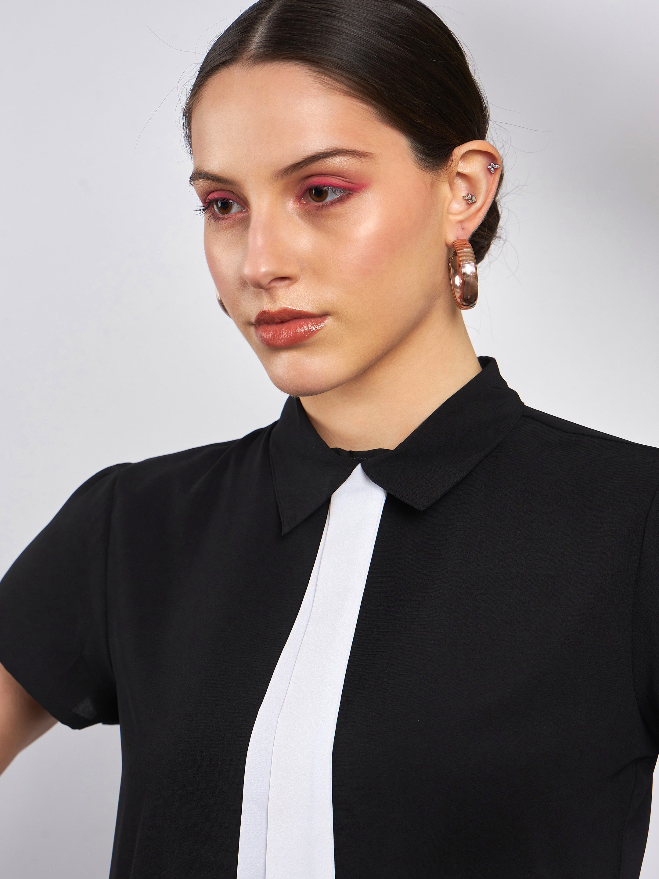 Women Black Neck Tie Detail Top