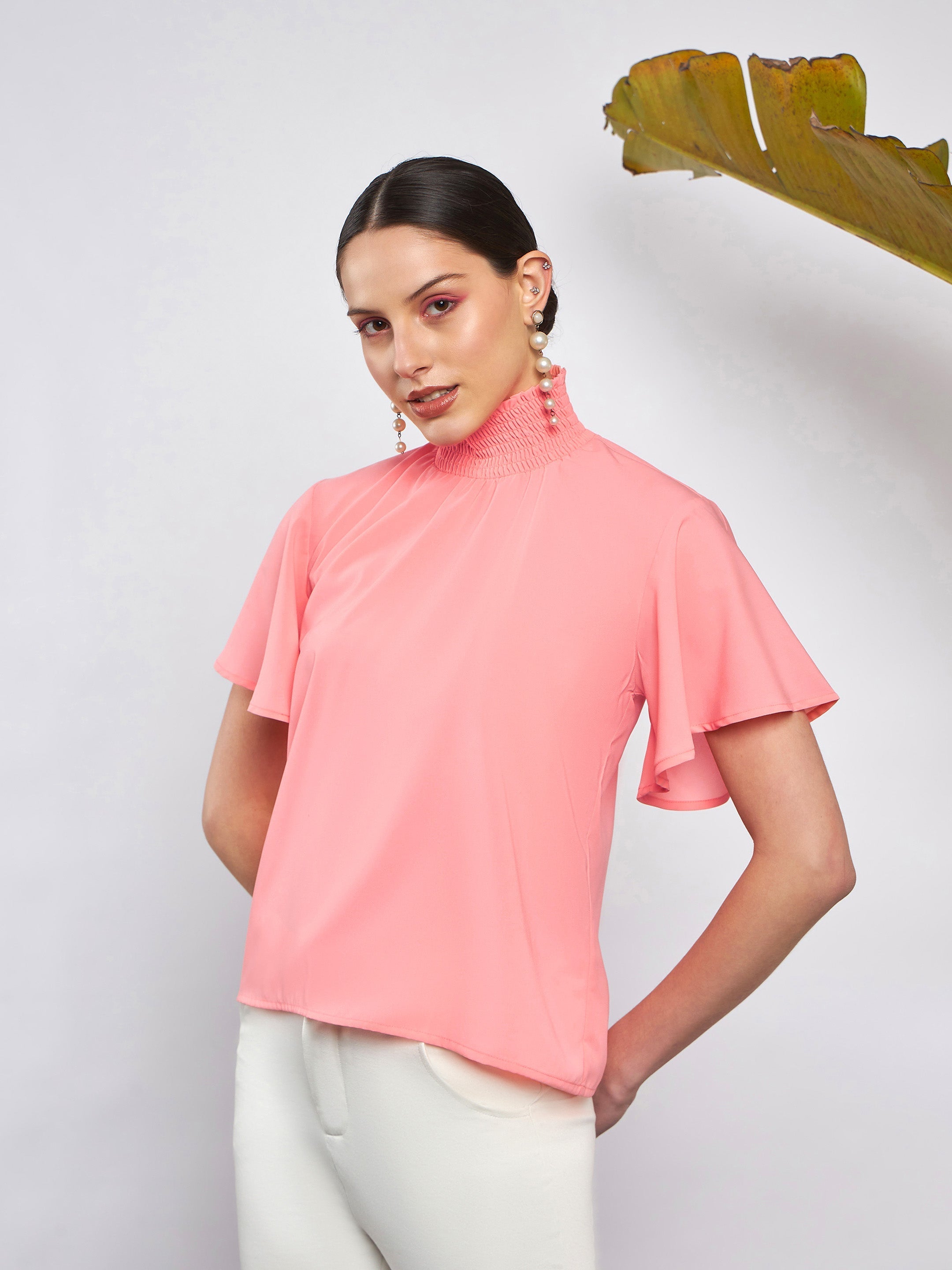 Women Peach Smocked High Neck Top