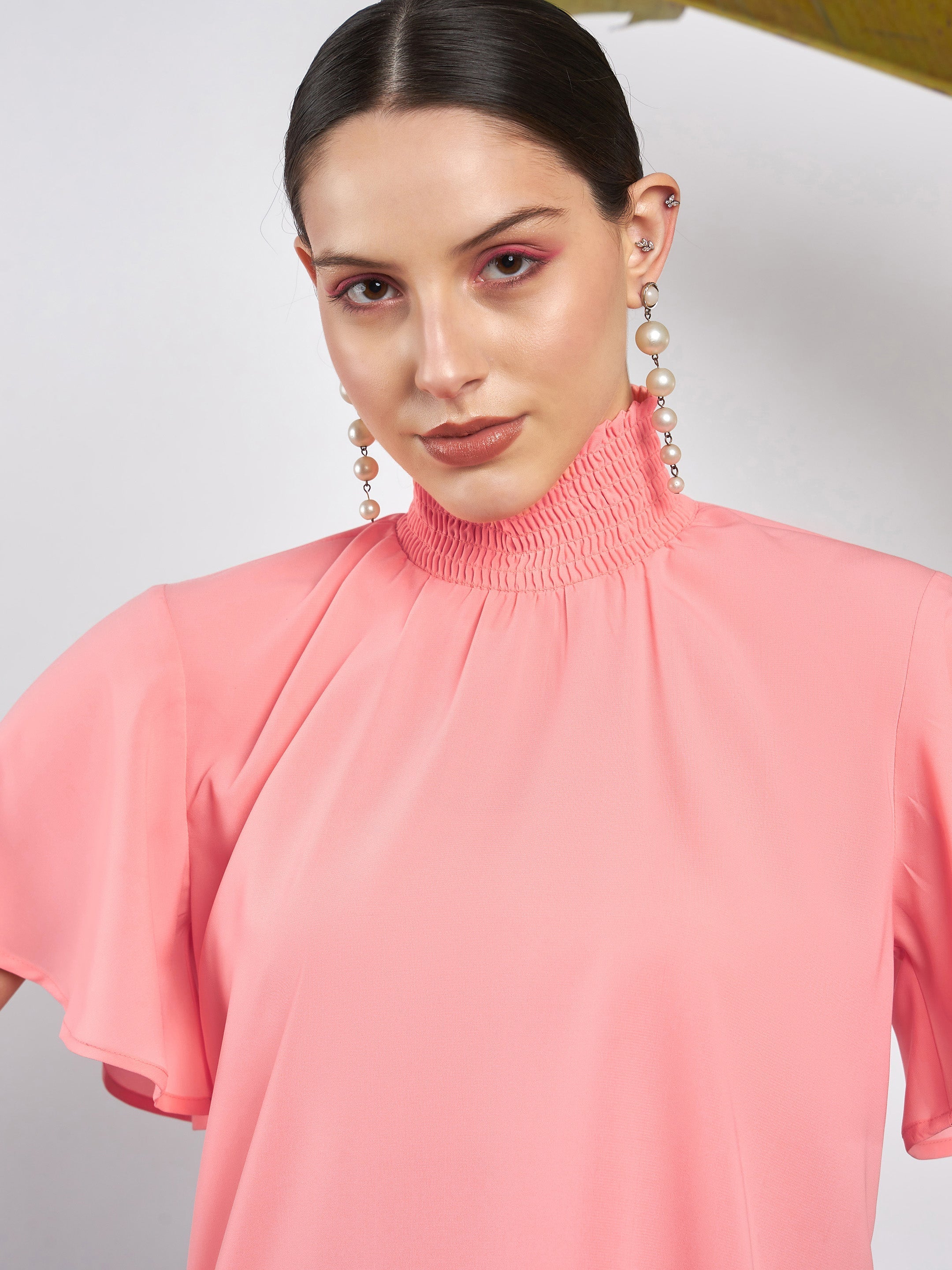 Women Peach Smocked High Neck Top