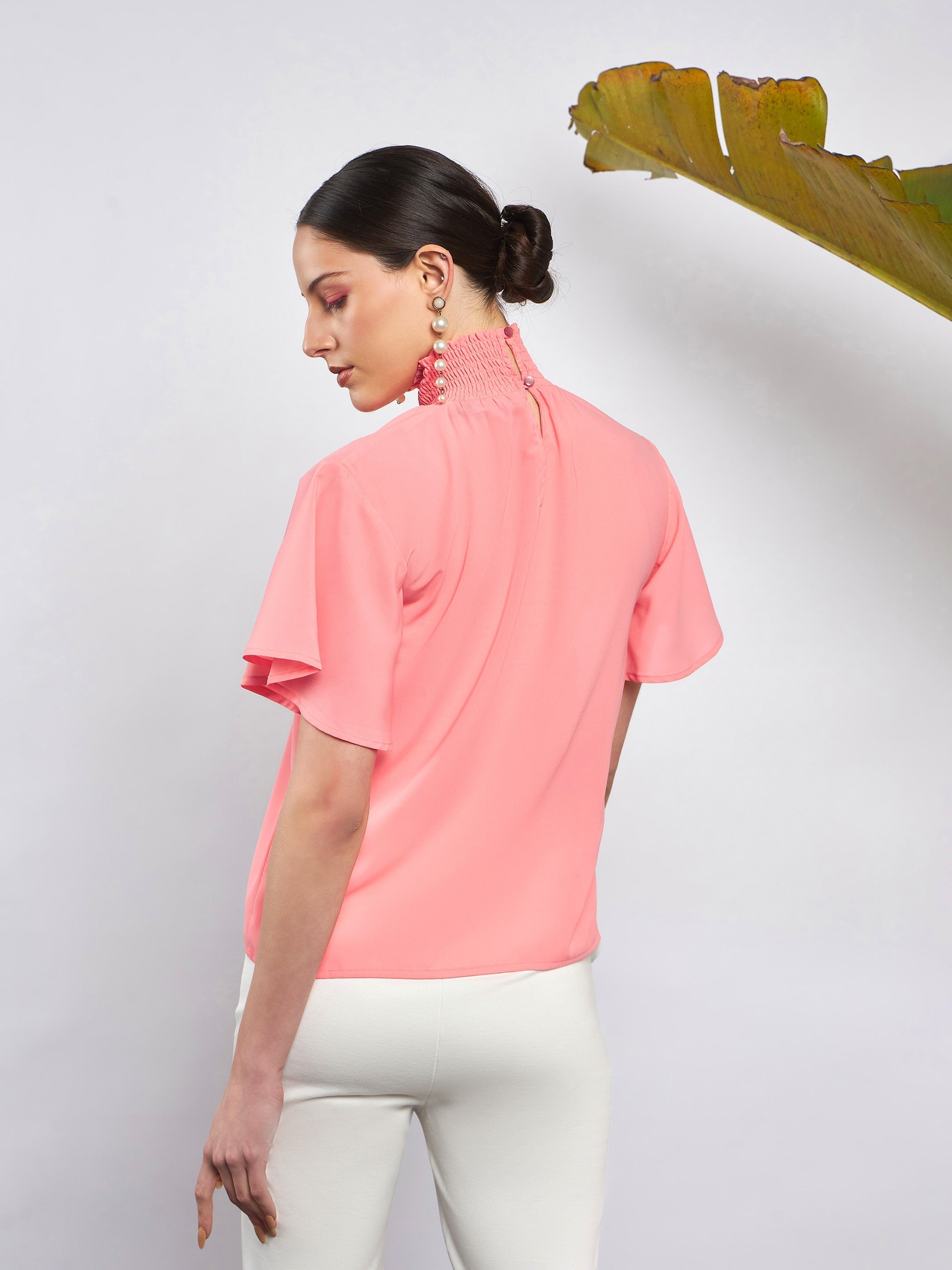 Women Peach Smocked High Neck Top