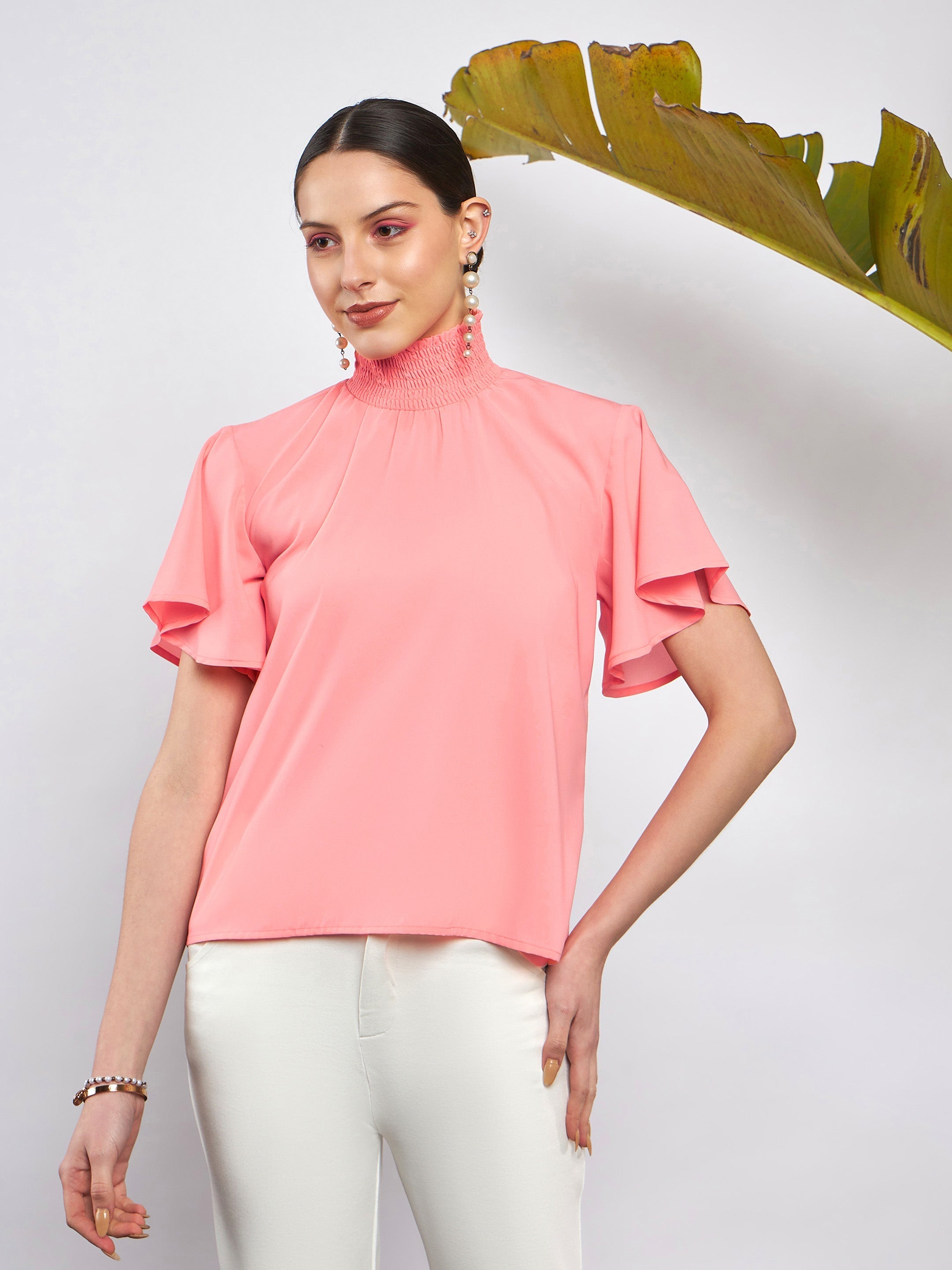 Women Peach Smocked High Neck Top