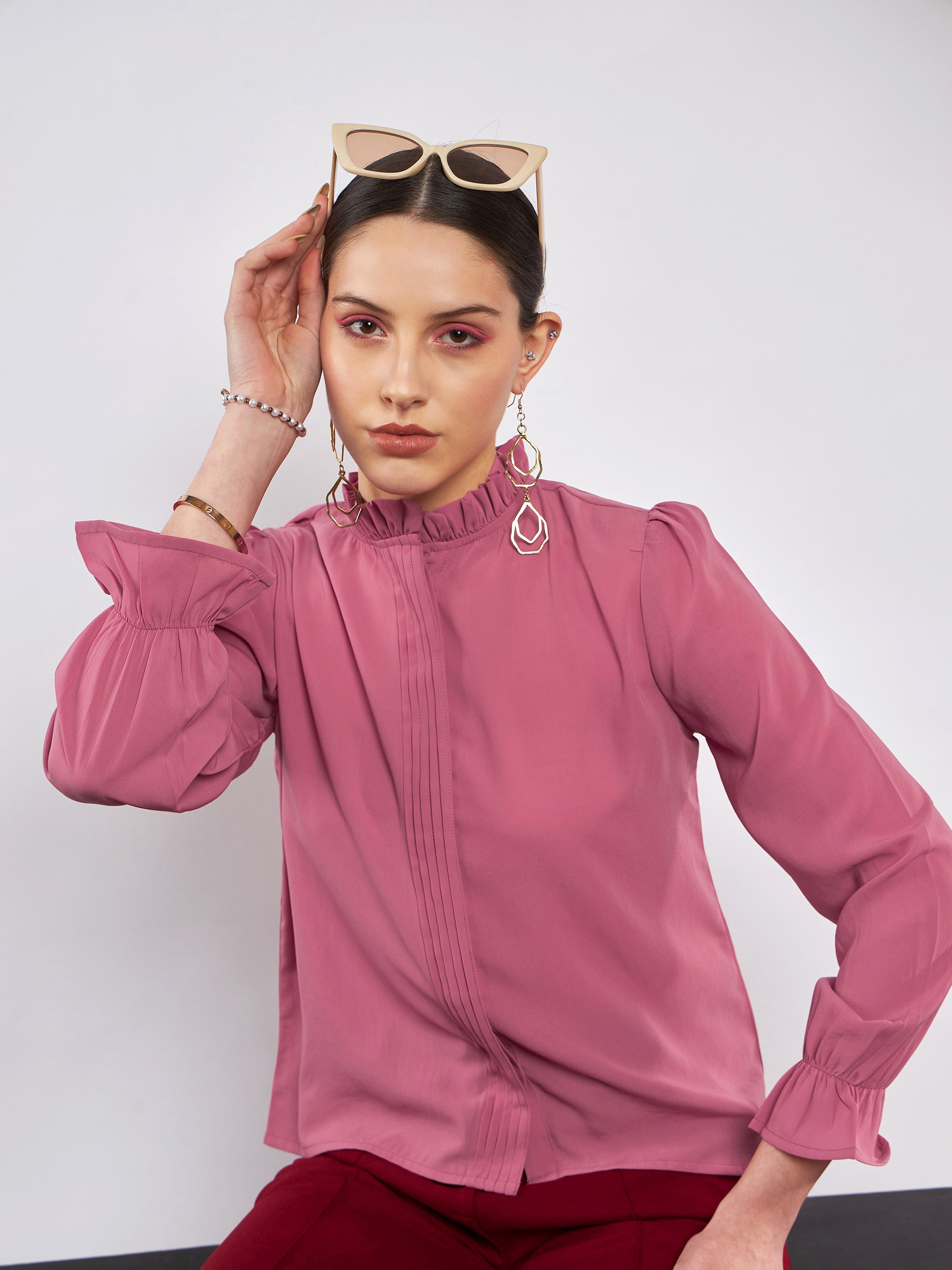 Women Dull Pink Front Pintuck Top