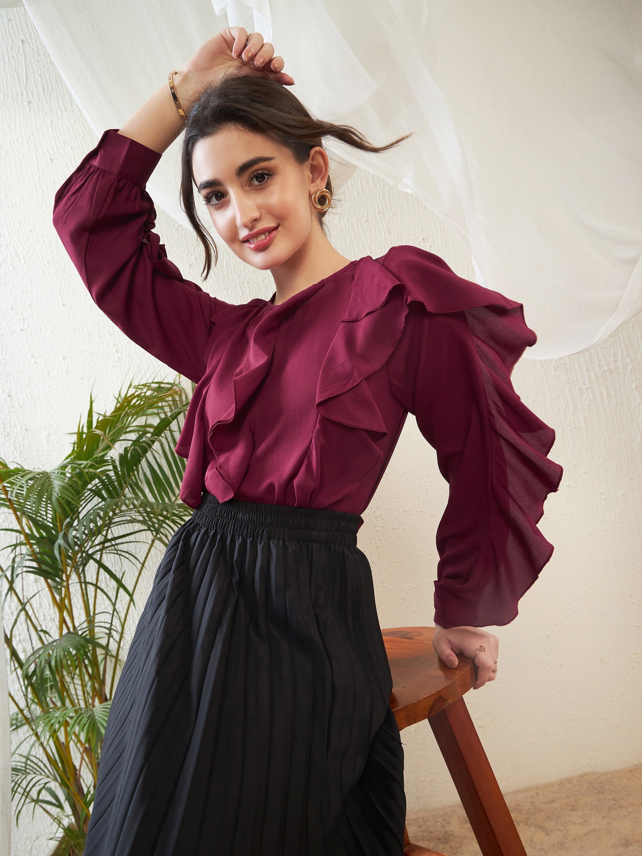 Women Maroon Full Sleeves Ruffle Top