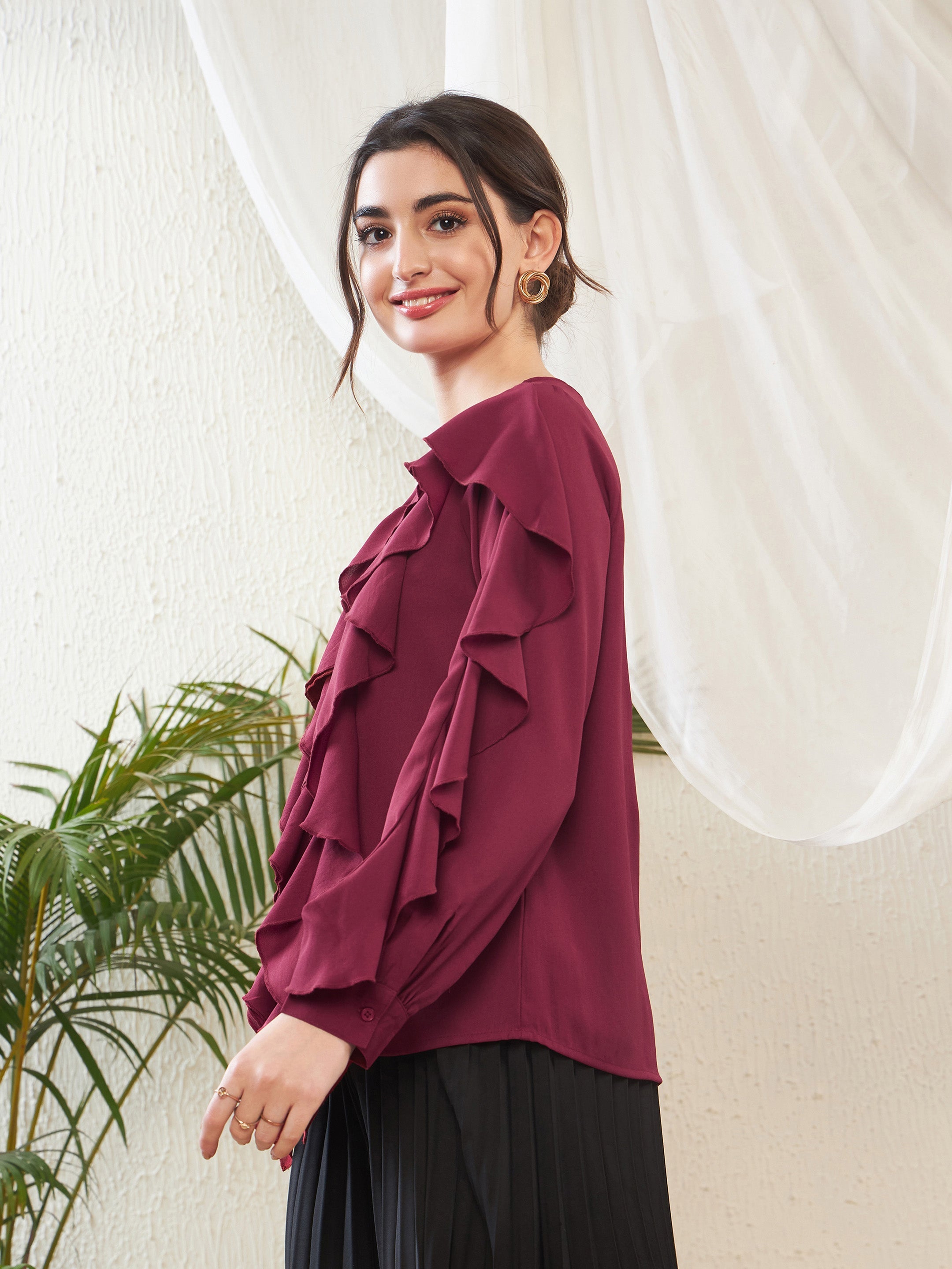 Women Maroon Full Sleeves Ruffle Top