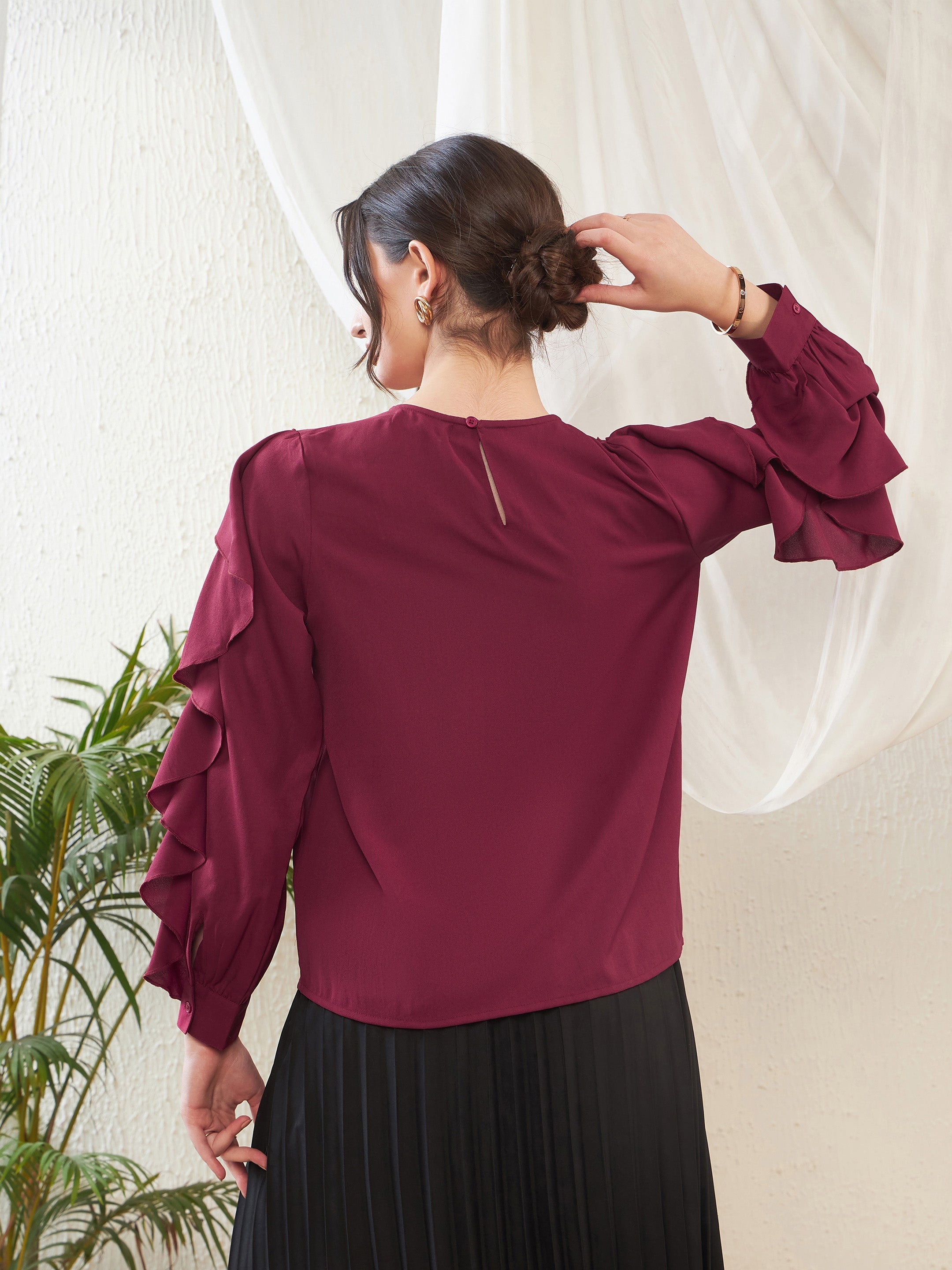 Women Maroon Full Sleeves Ruffle Top