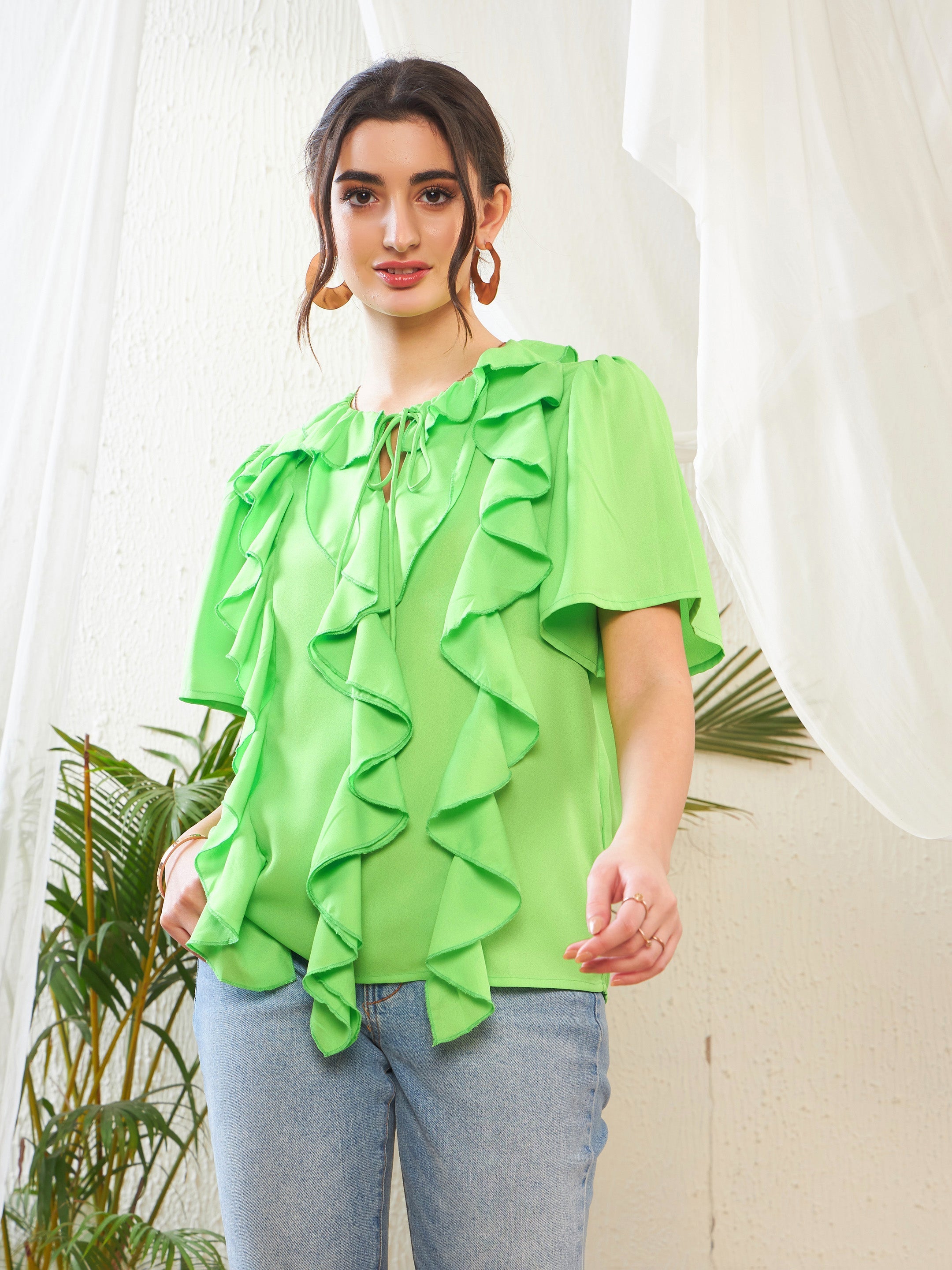 Women Green Short Sleeves Ruffle Top