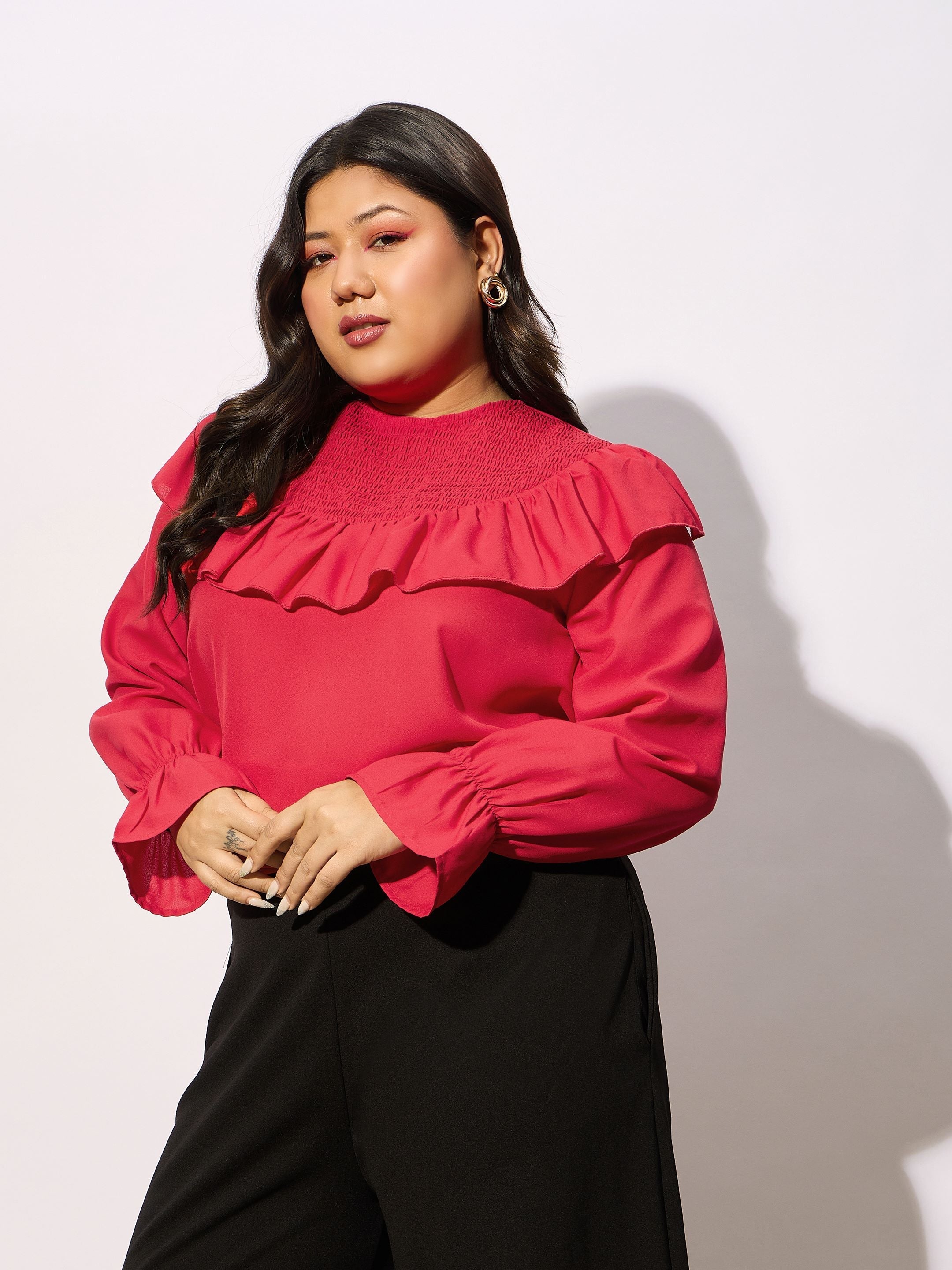 Women Red Smocking Detail Frill Top