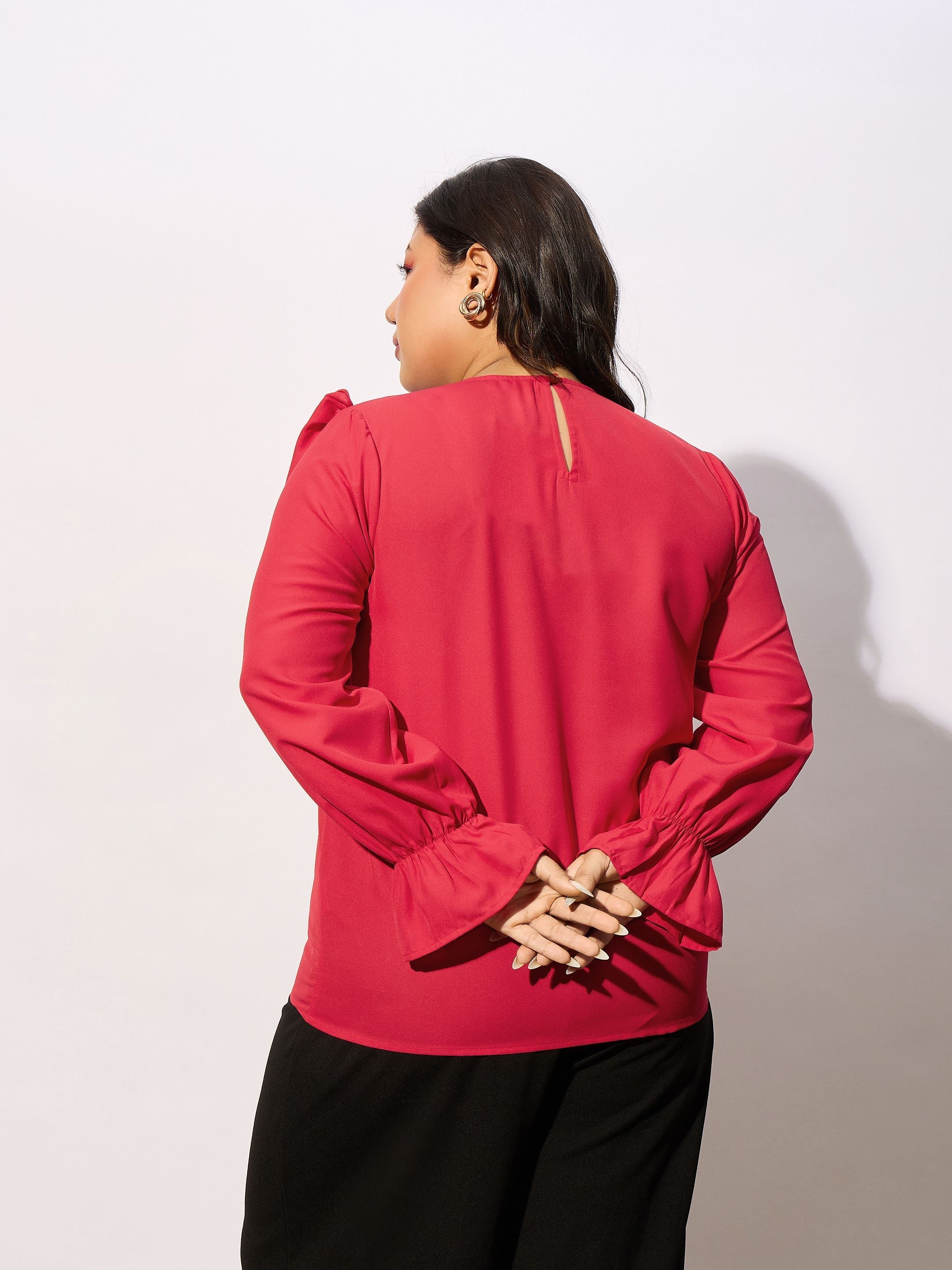 Women Red Smocking Detail Frill Top