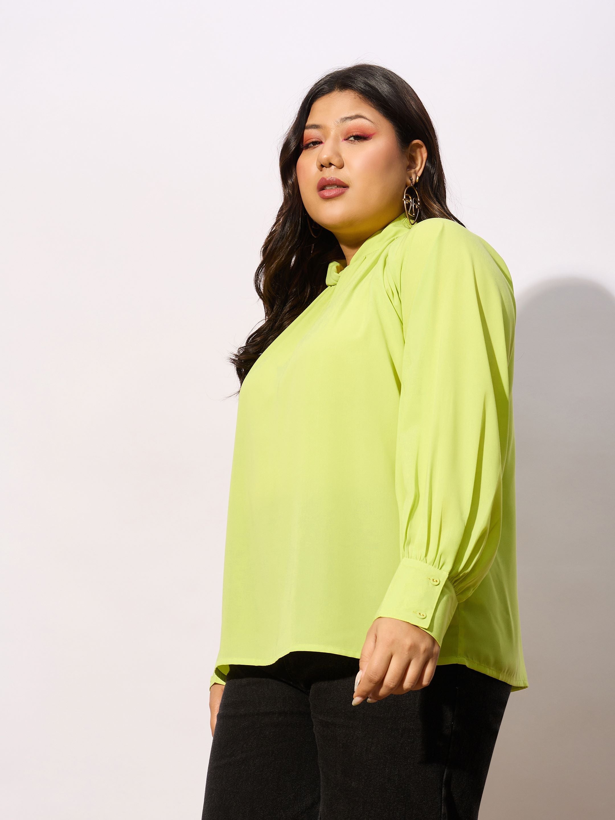 Women Lime Green Front Twisted Detail Top