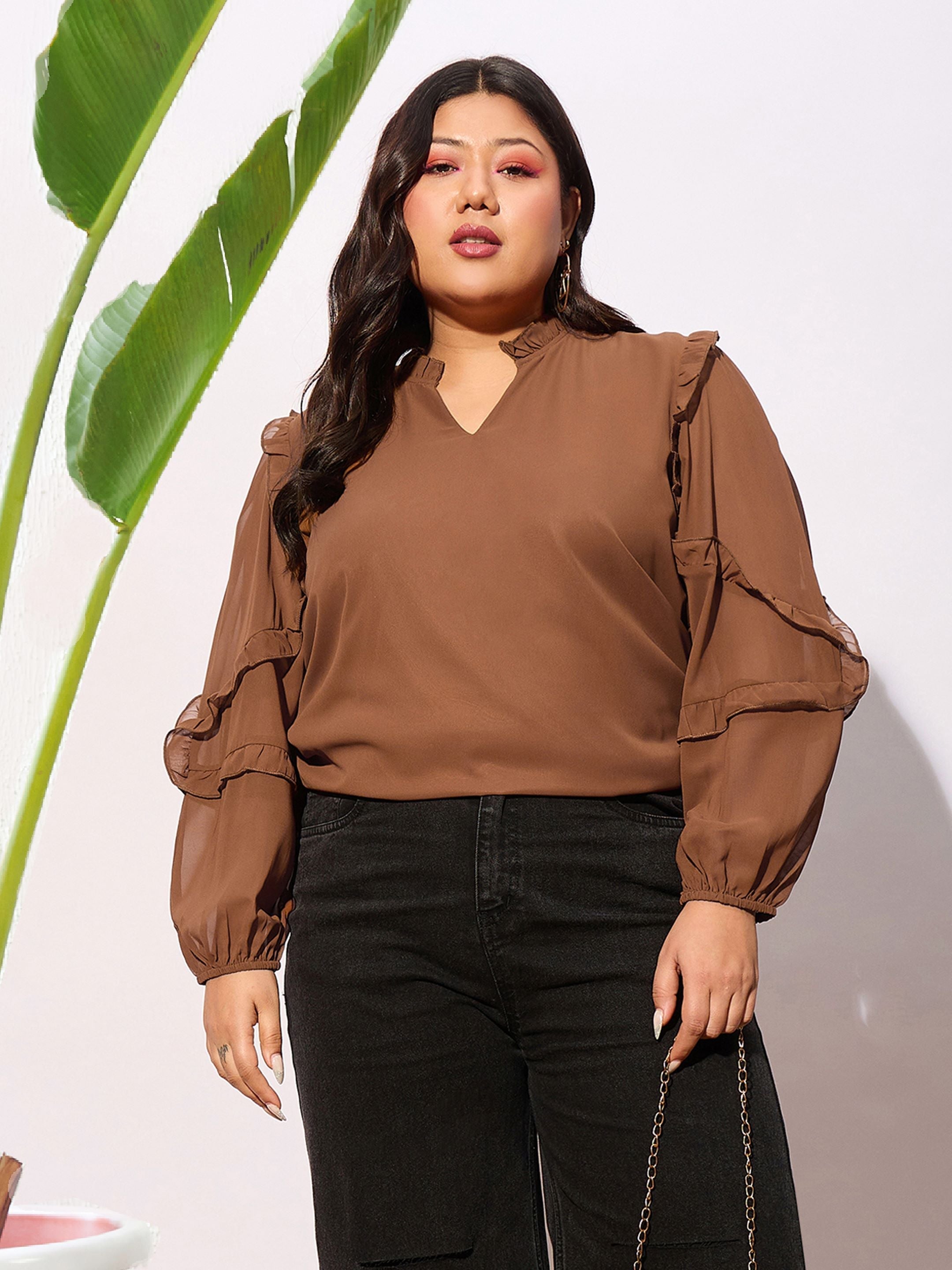 Women Brown Sleeve Ruffle Detail Top