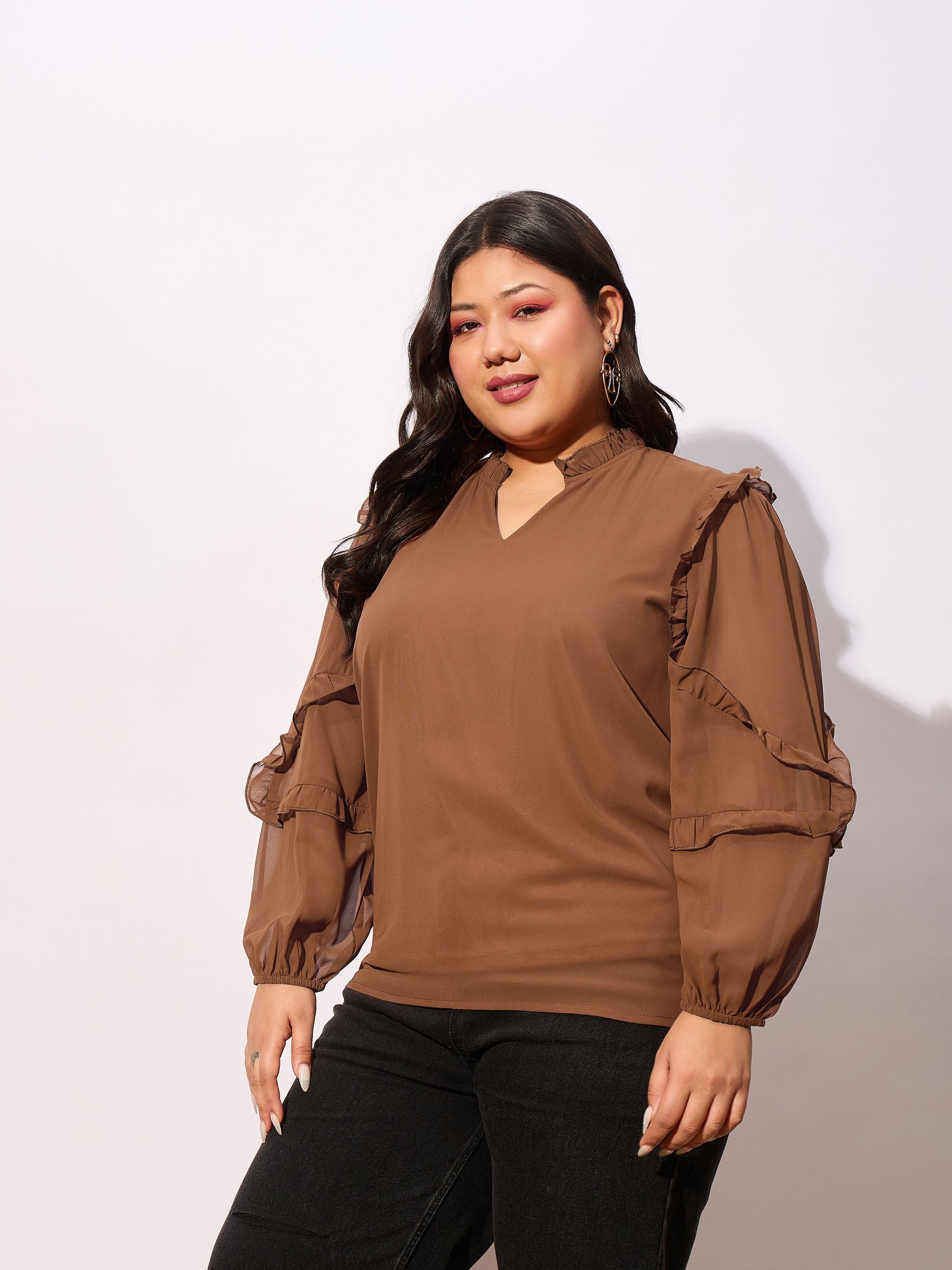 Women Brown Sleeve Ruffle Detail Top