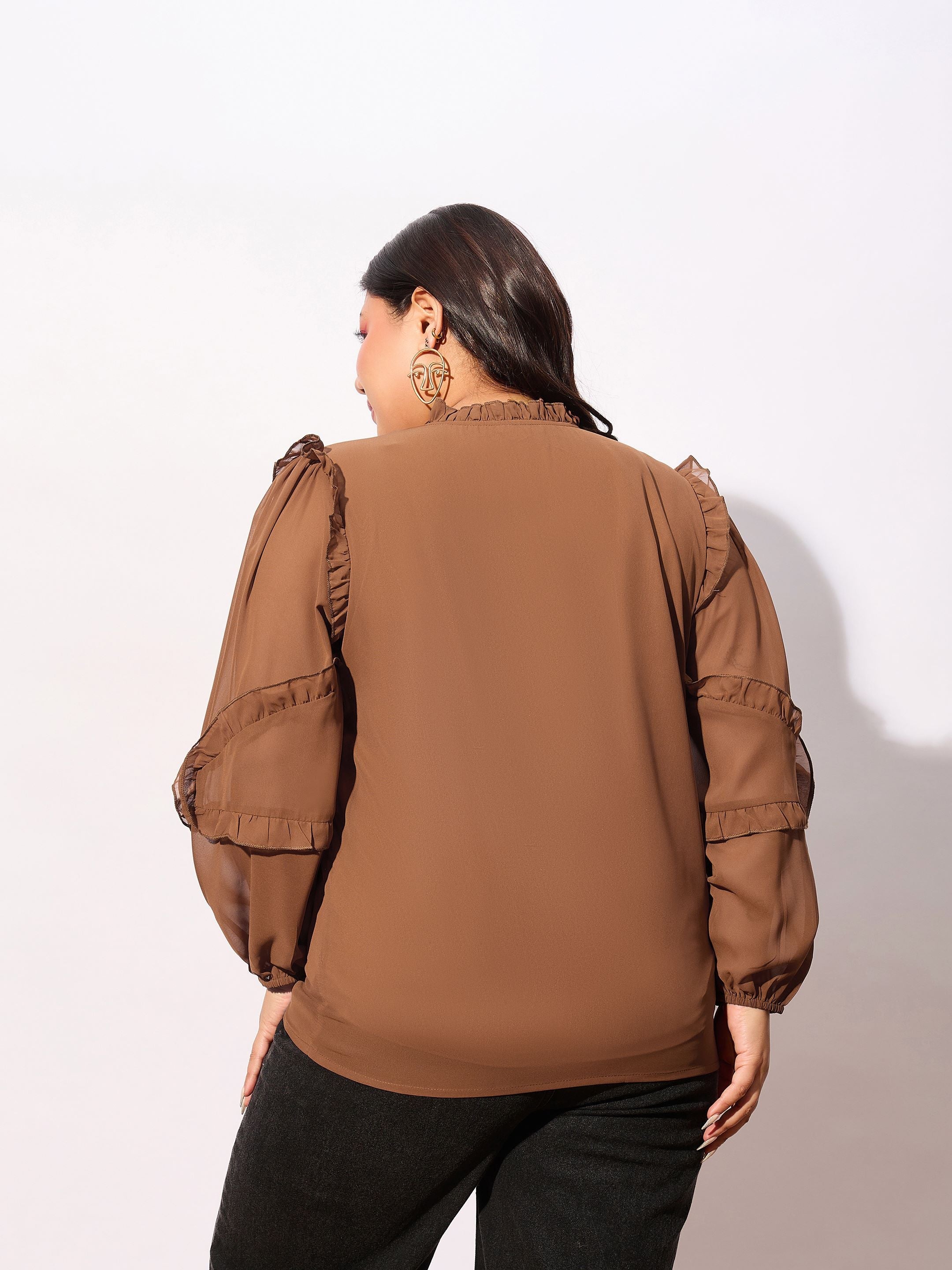 Women Brown Sleeve Ruffle Detail Top