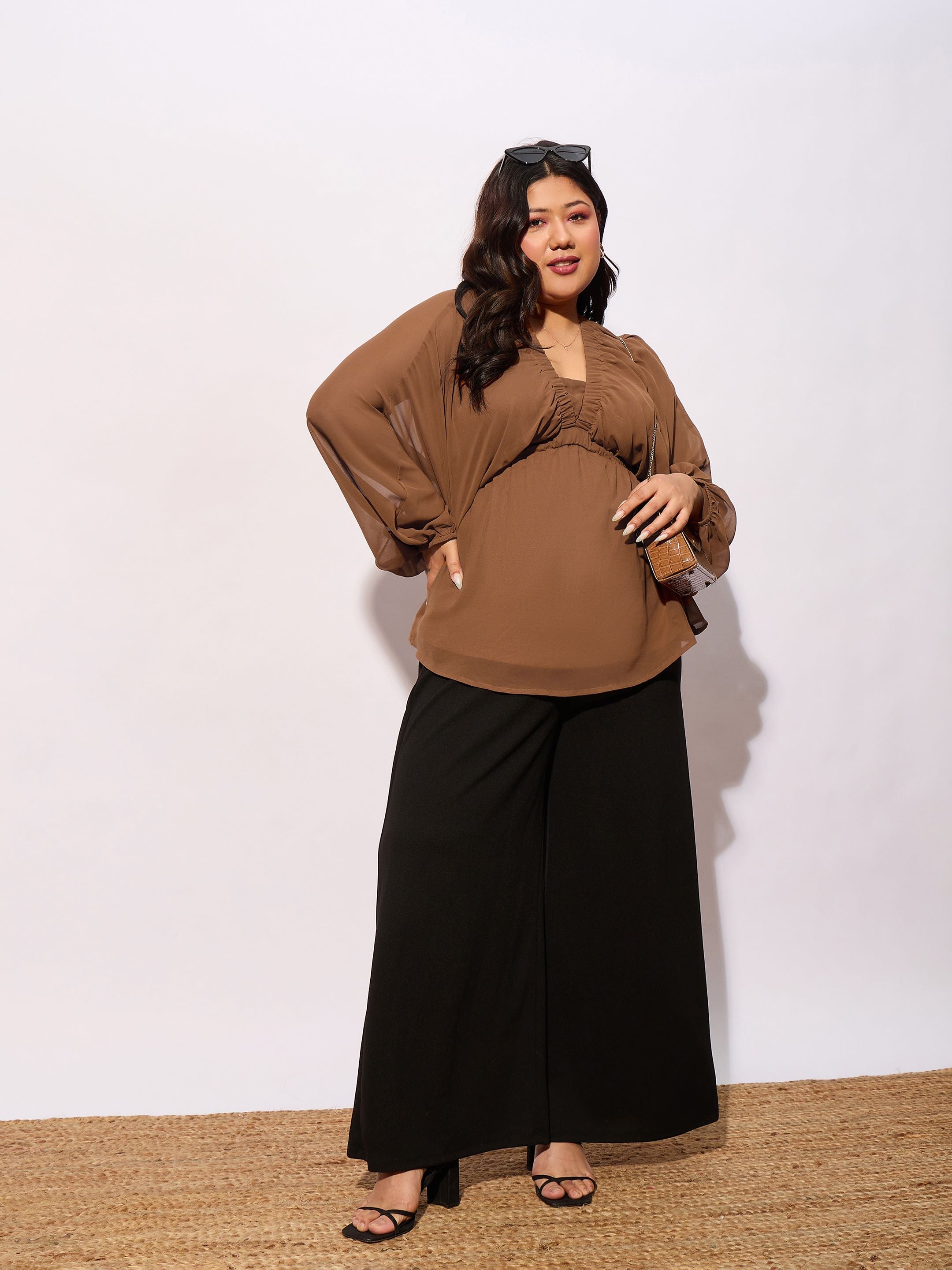 Women Brown V-Neck Peplum Top