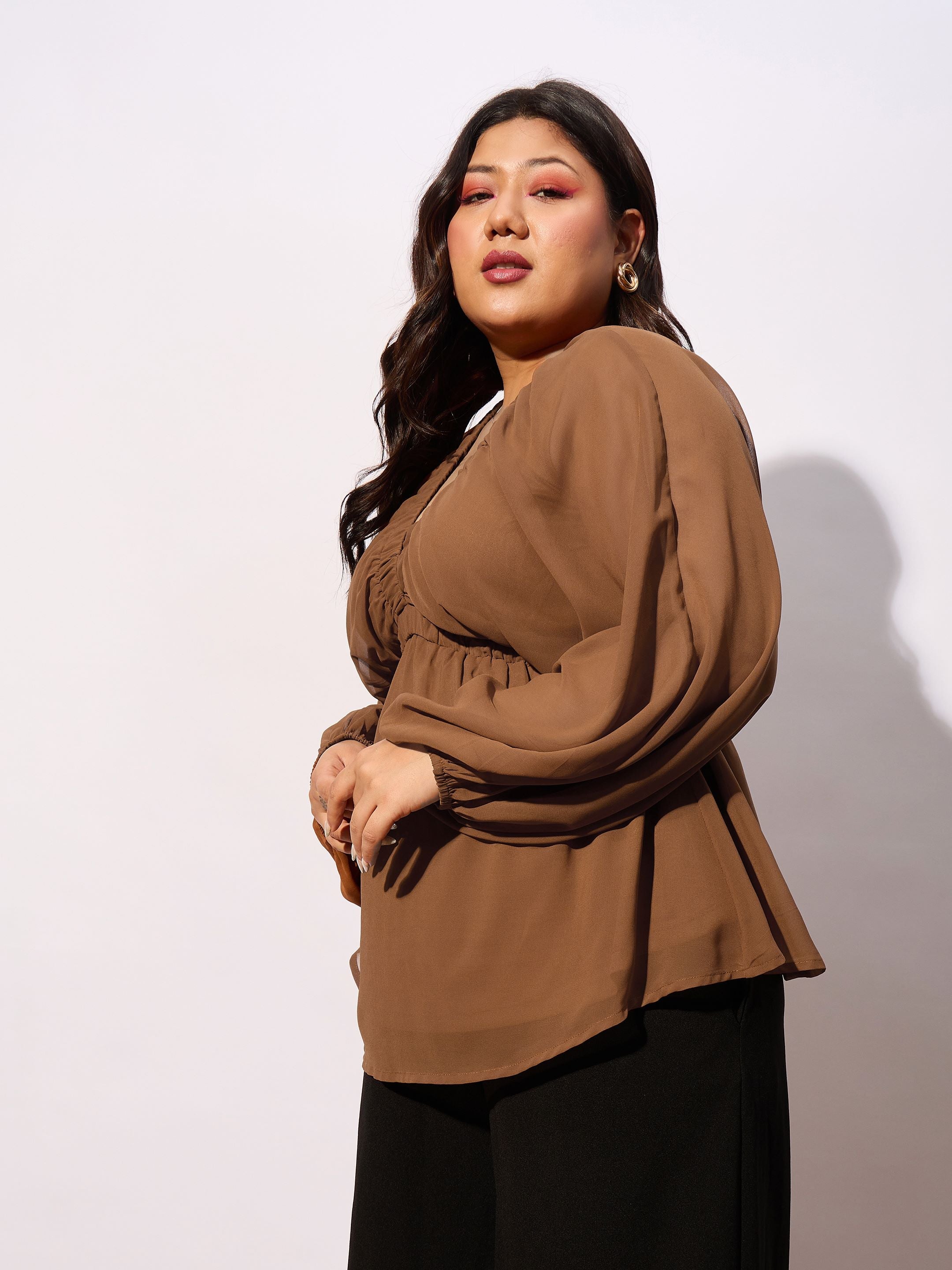 Women Brown V-Neck Peplum Top