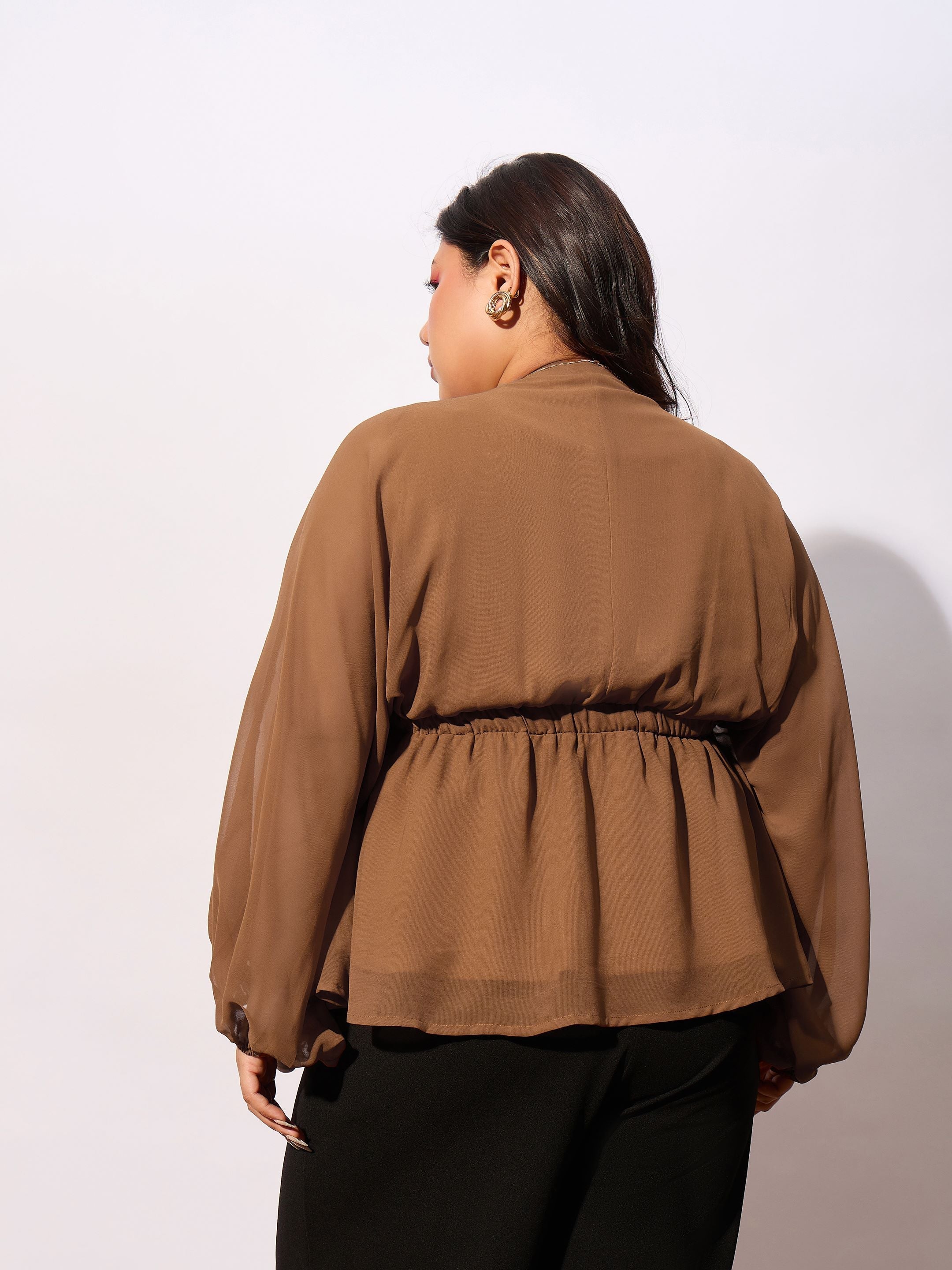 Women Brown V-Neck Peplum Top