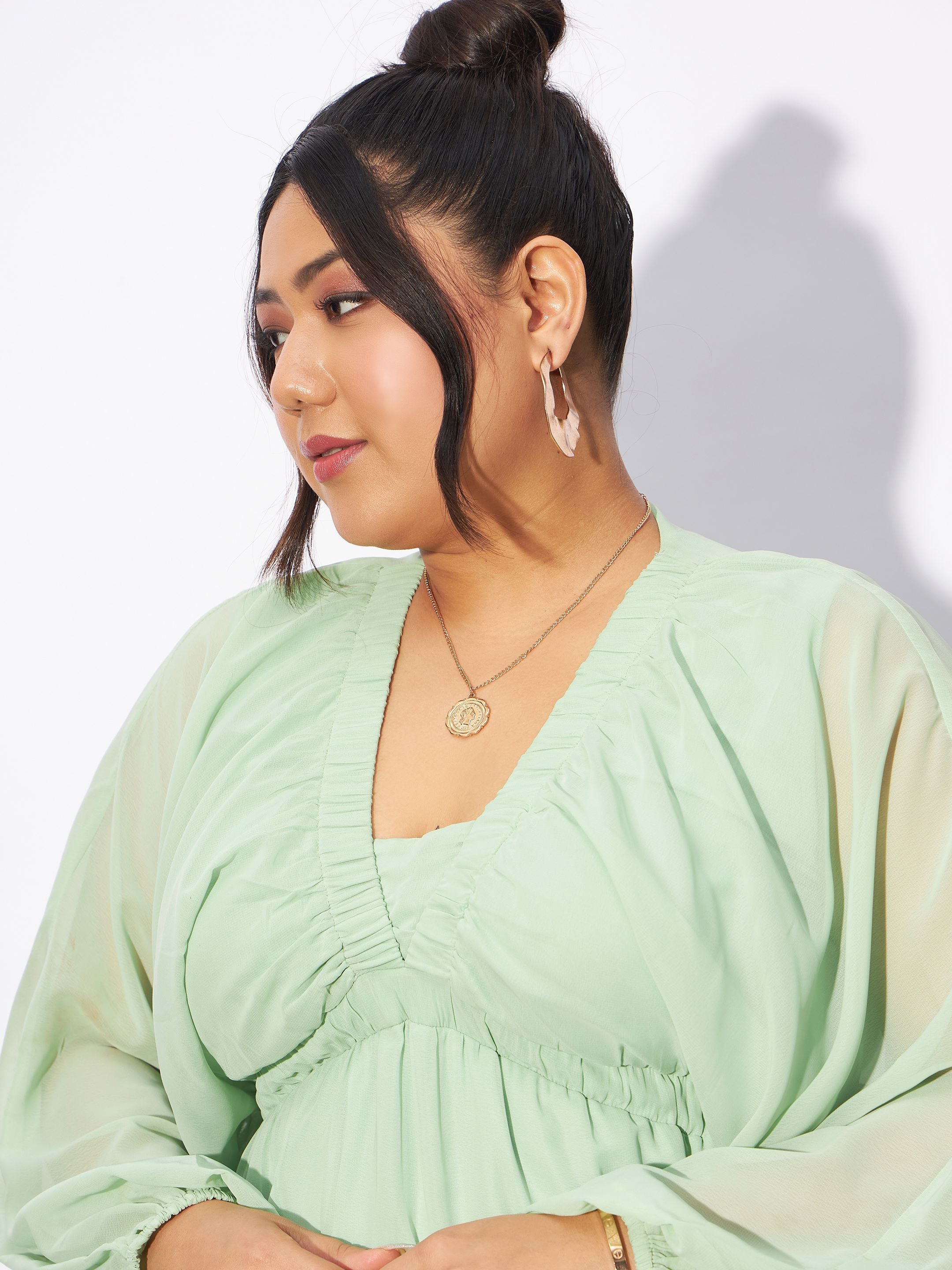 Women Mint Green V-Neck Peplum Top