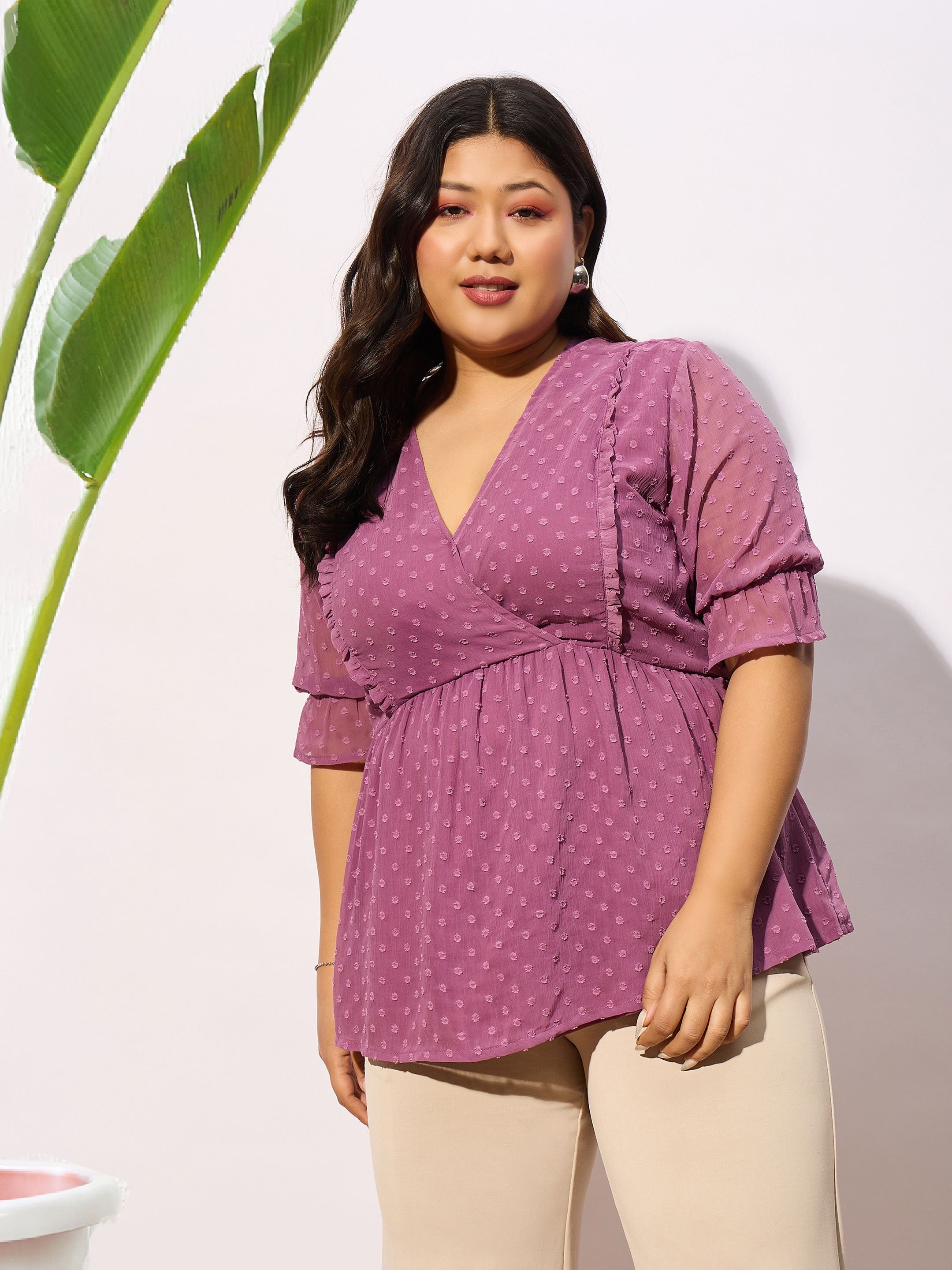 Women Purple Dobby Yoke Top