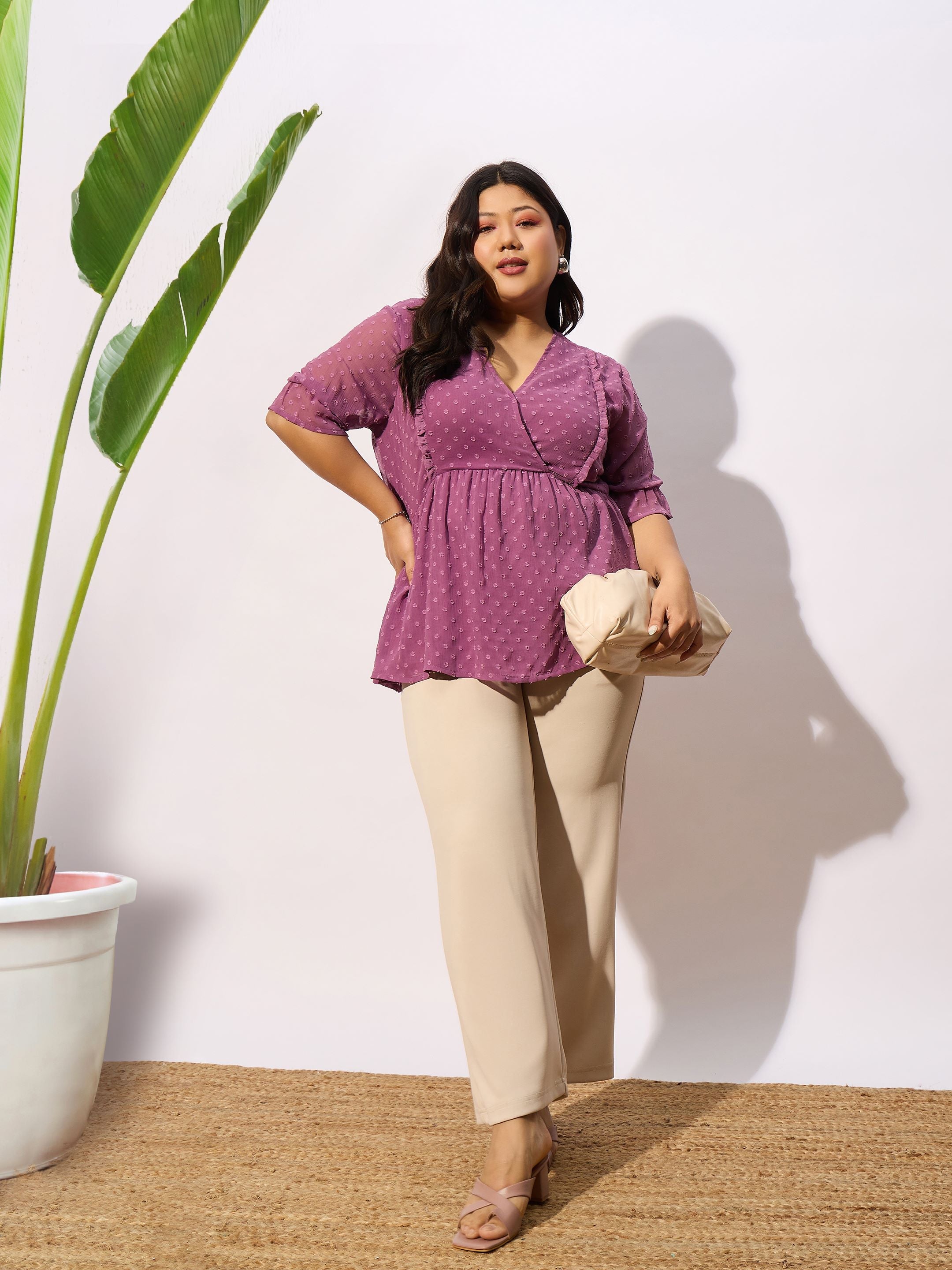 Women Purple Dobby Yoke Top