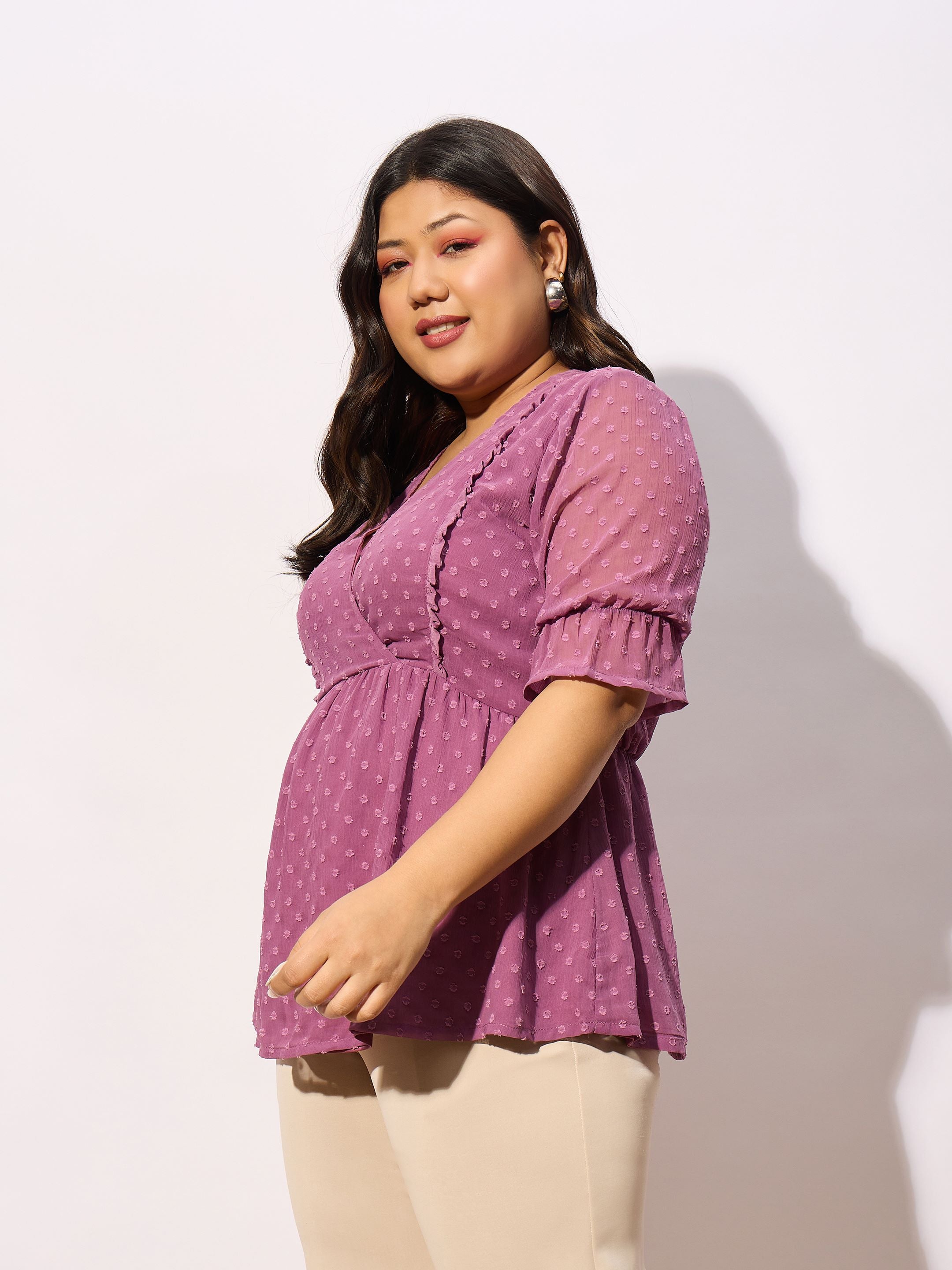 Women Purple Dobby Yoke Top