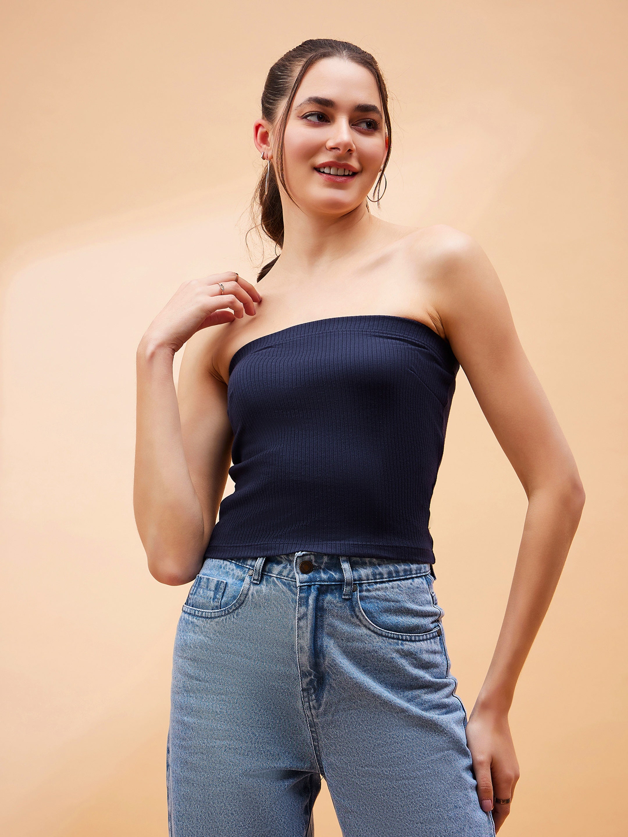 Women Navy Blue Rib Tube Top