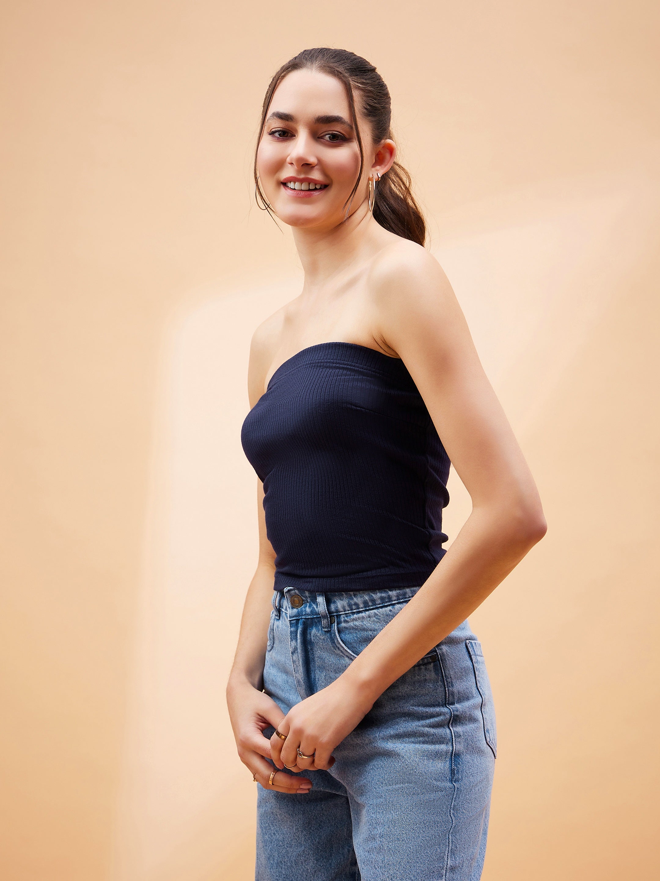 Women Navy Blue Rib Tube Top