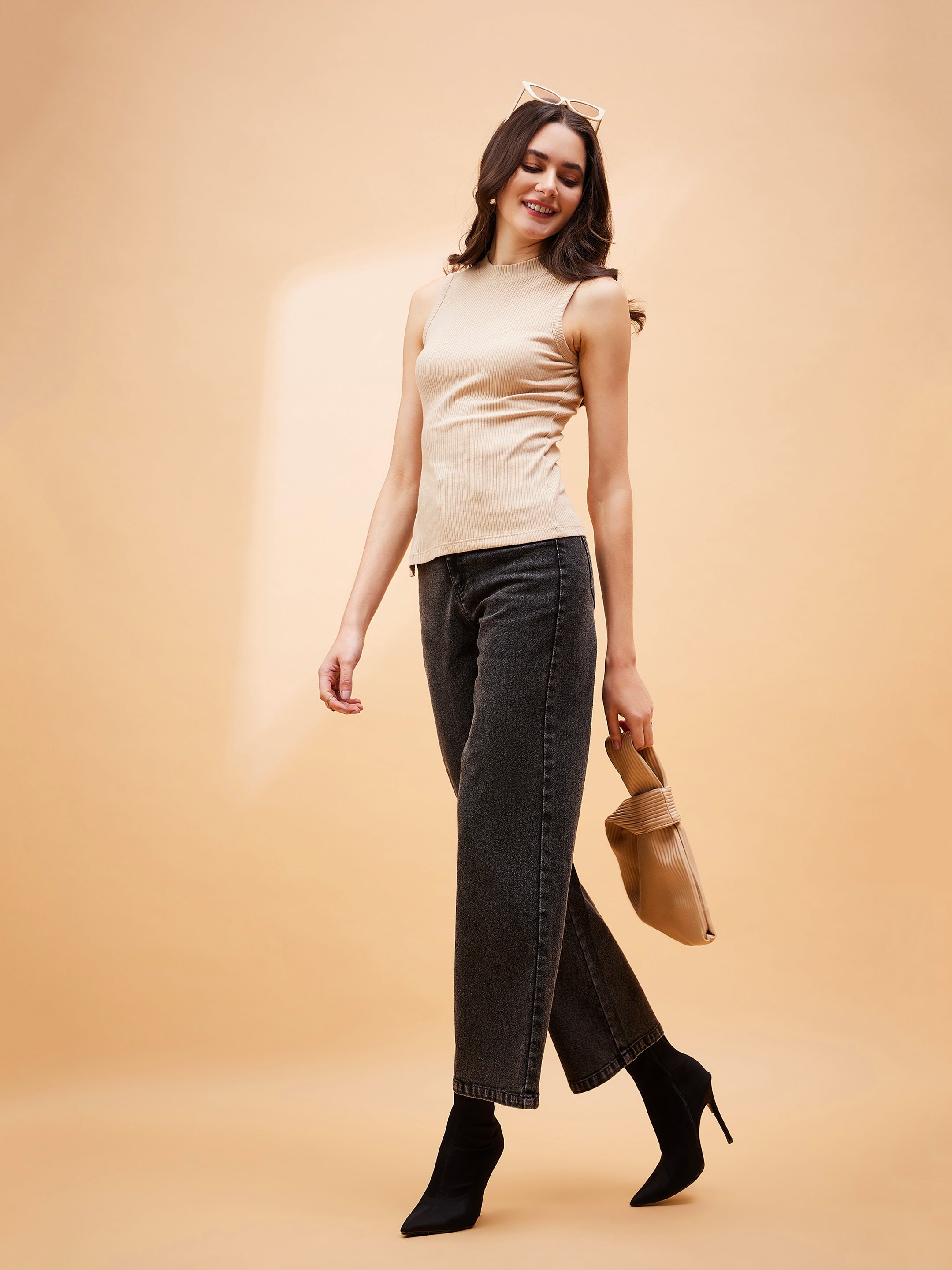 Women Beige Rib Side Slit Top