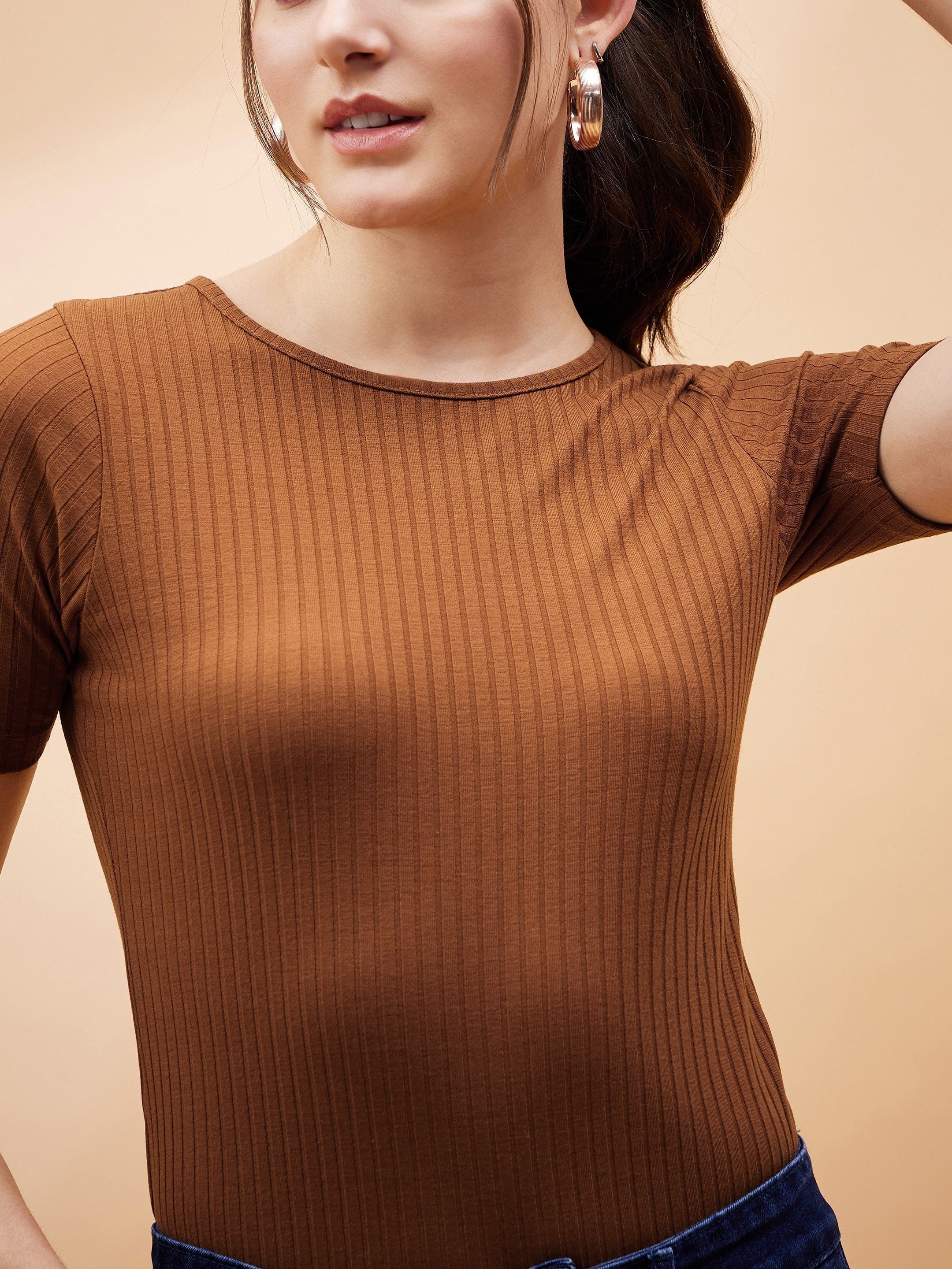 Women Brown Rib Round Neck Bodysuit