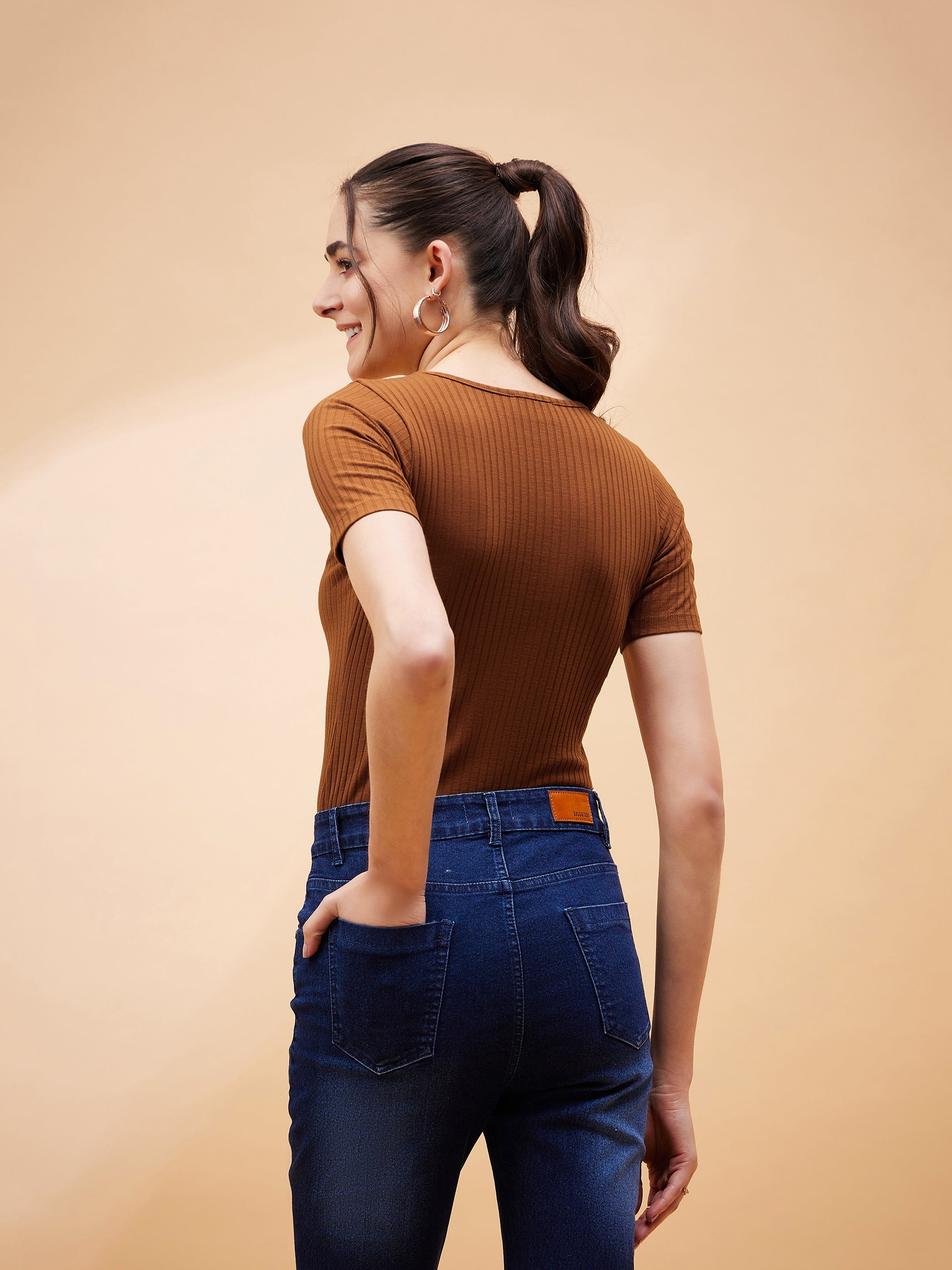 Women Brown Rib Round Neck Bodysuit