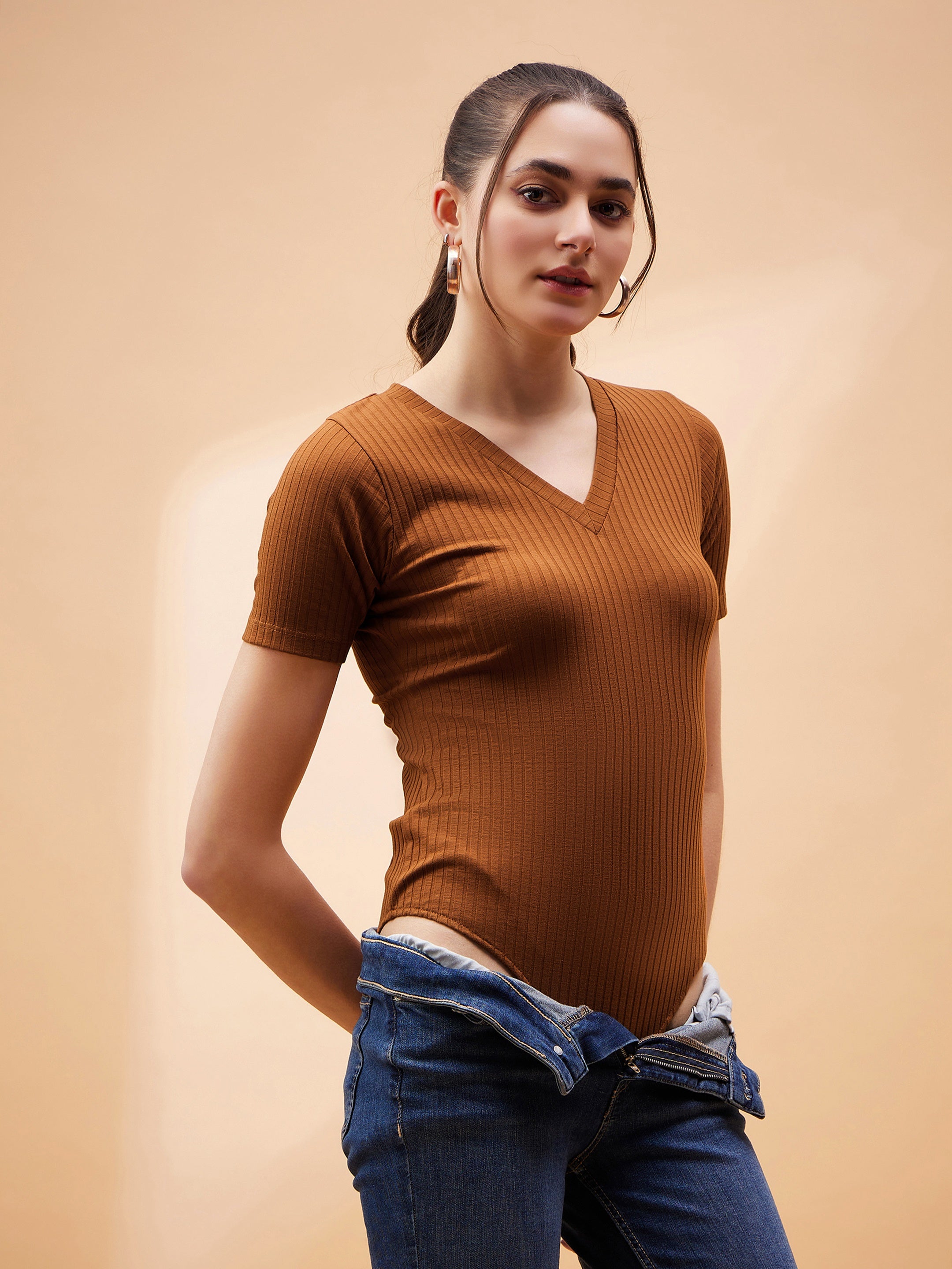 Women Brown Rib V-Neck Bodysuit