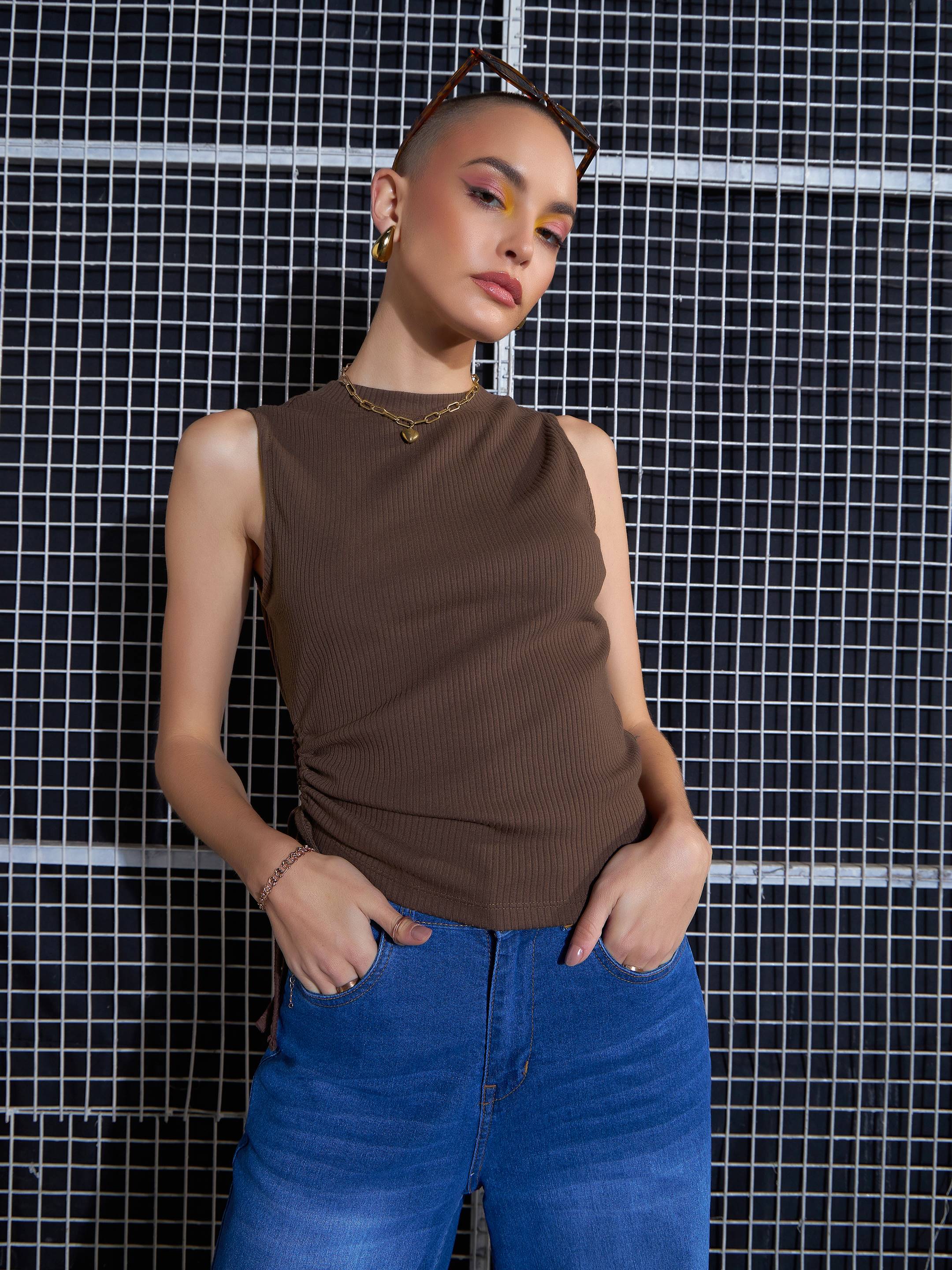 Women Brown Rib Side Ruched Crop Top