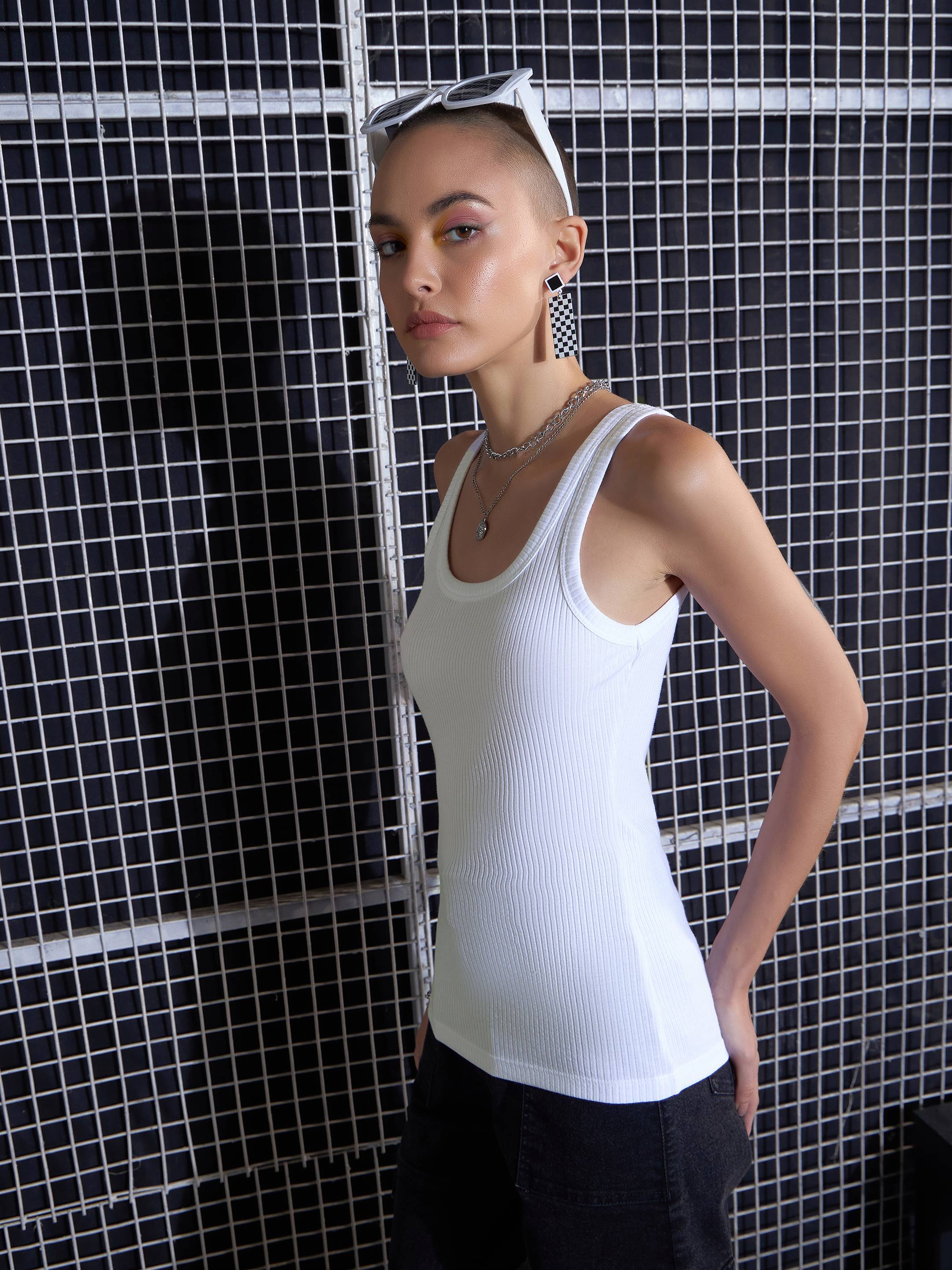 Women White Rib Sleeveless Camisole