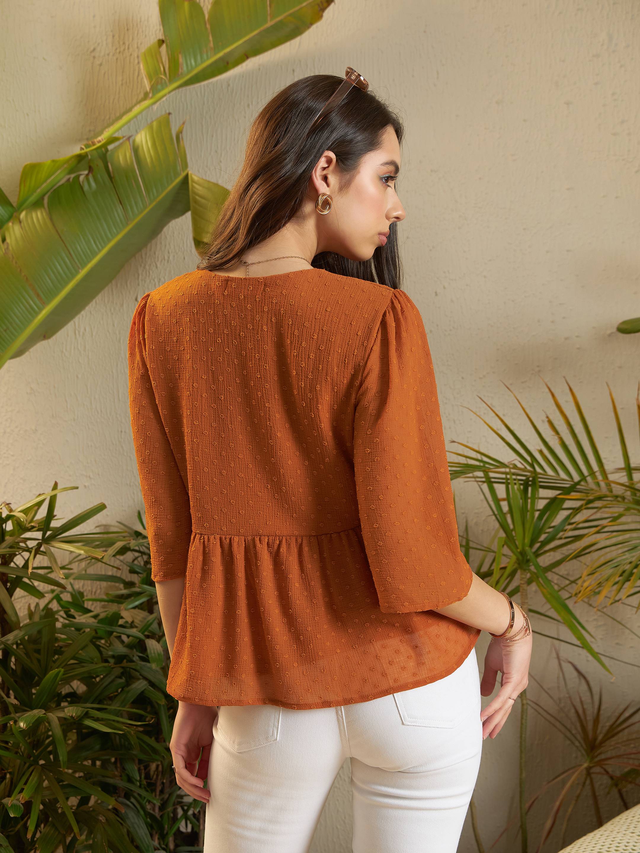 Women Rust Dobby V-Neck Peplum Top