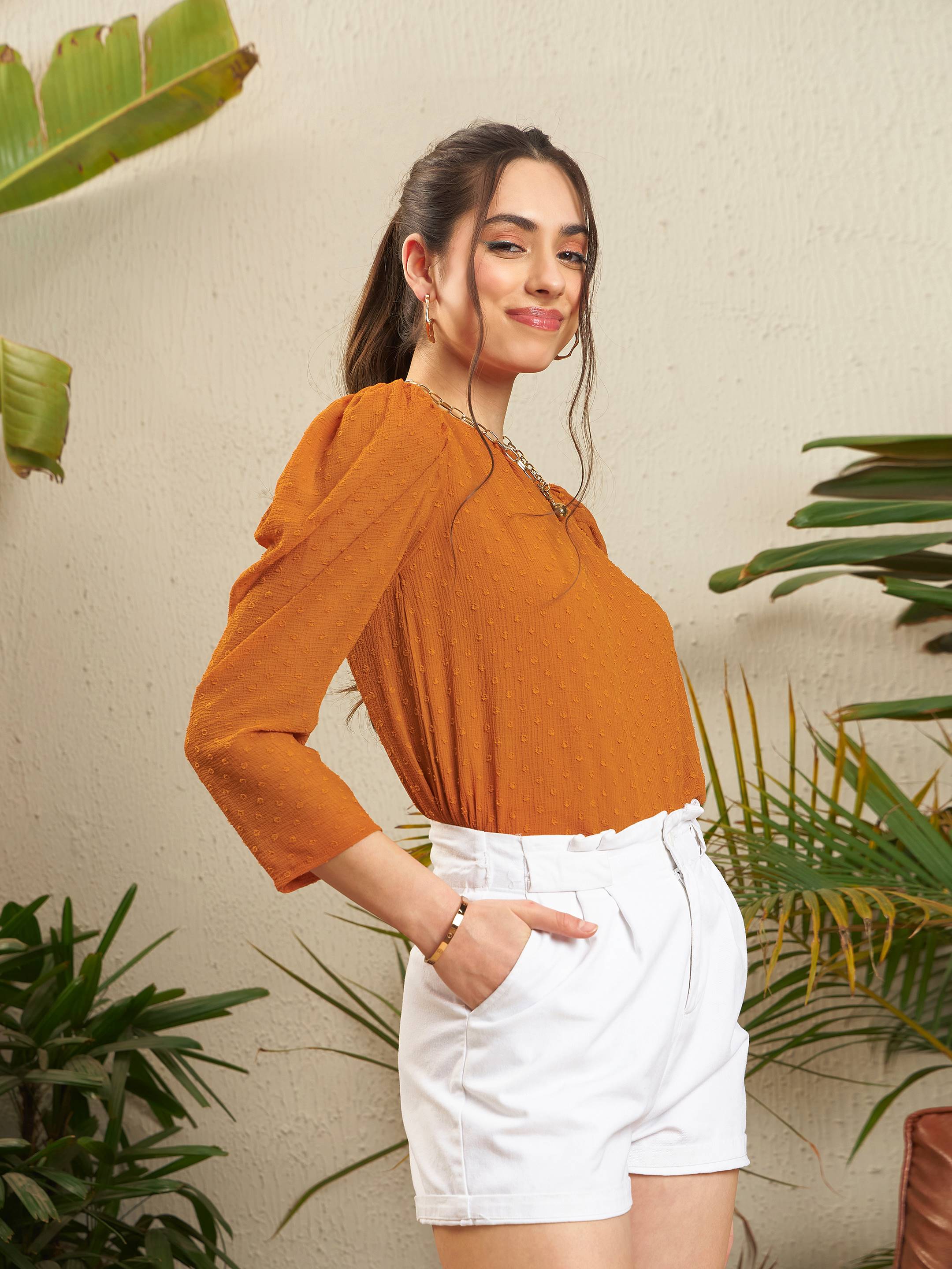 Women Rust Dobby Puff Sleeves Regular Top