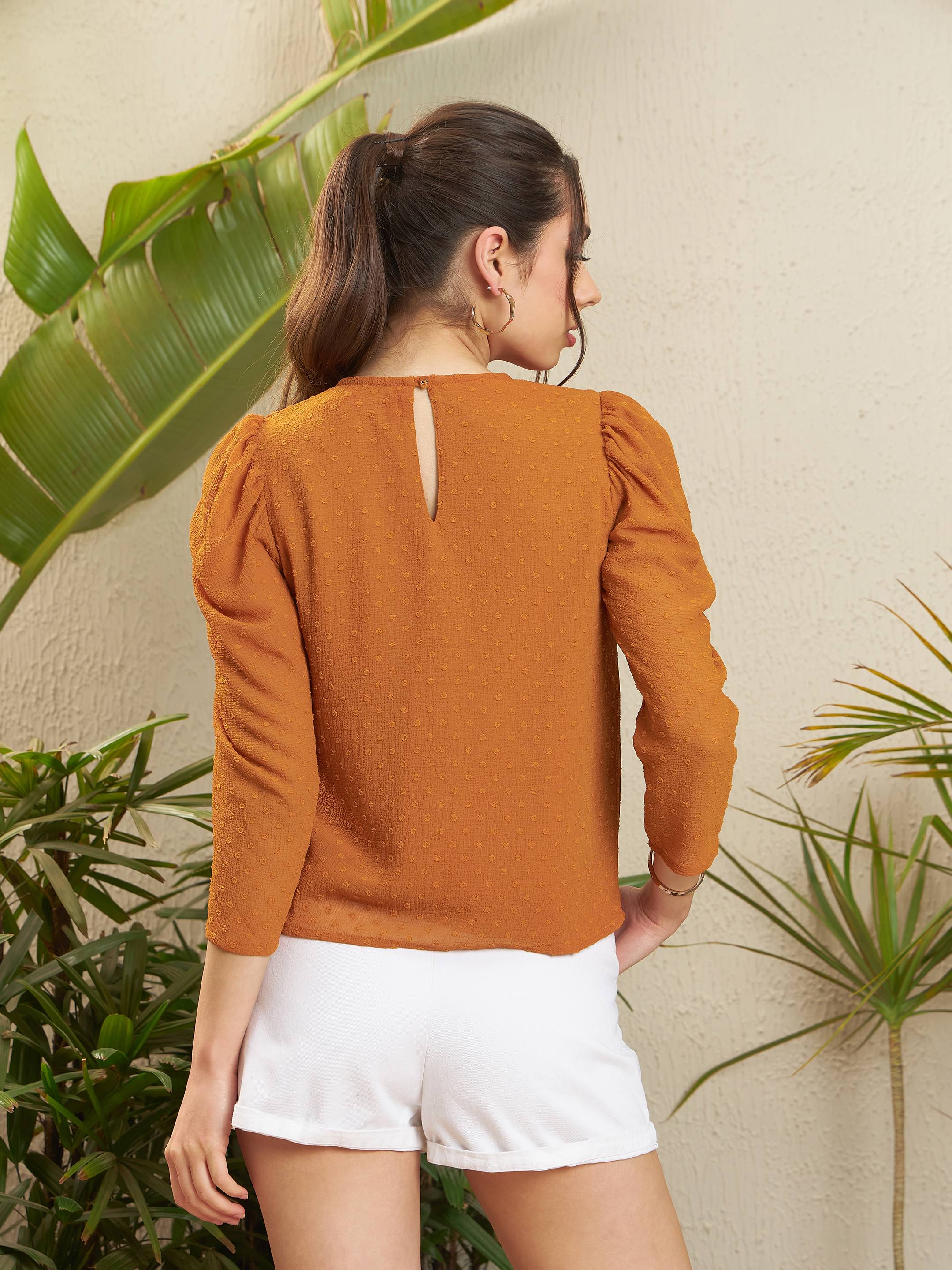 Women Rust Dobby Puff Sleeves Regular Top