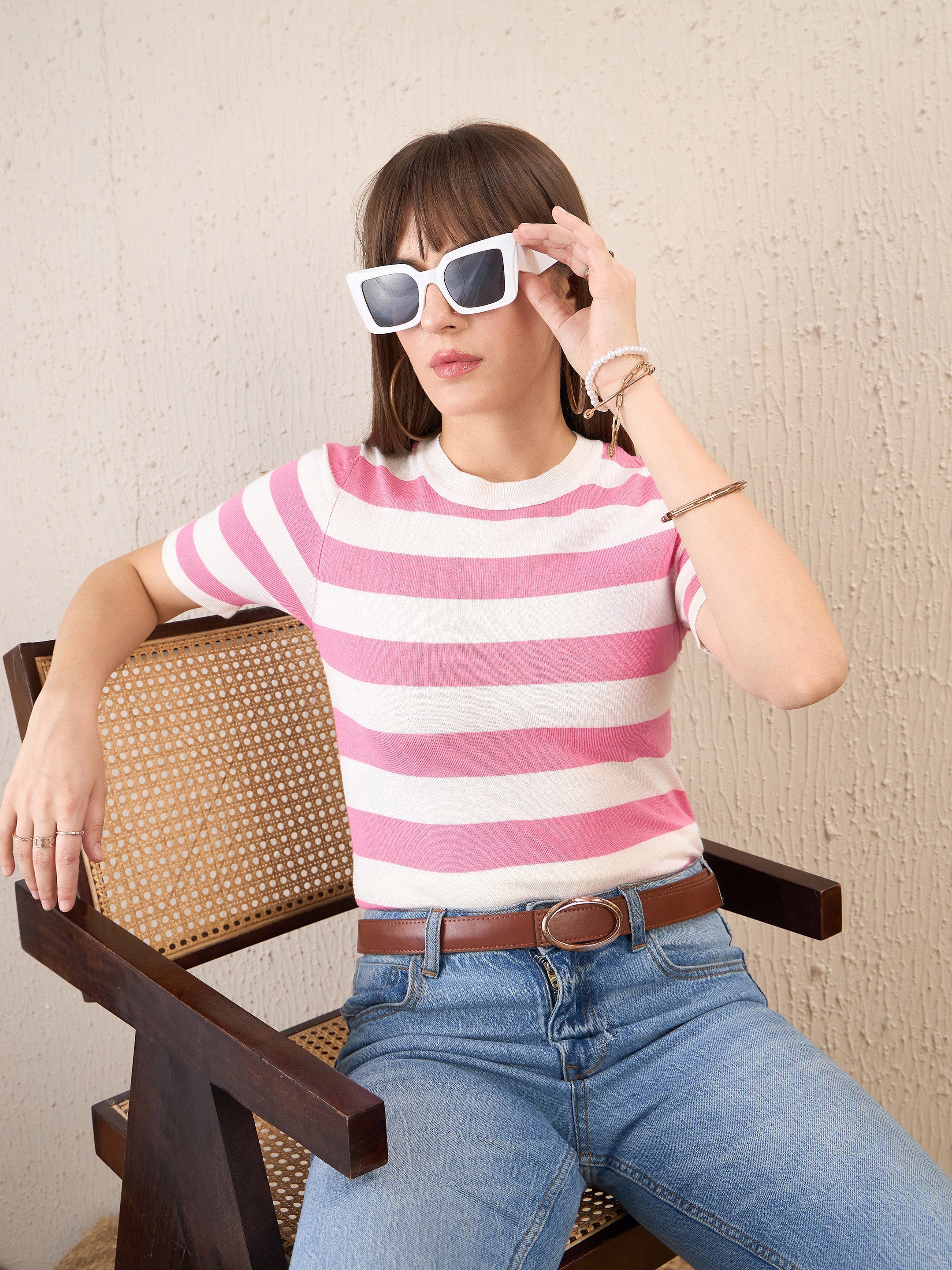 Women Pink & White Striped Acrylic Top