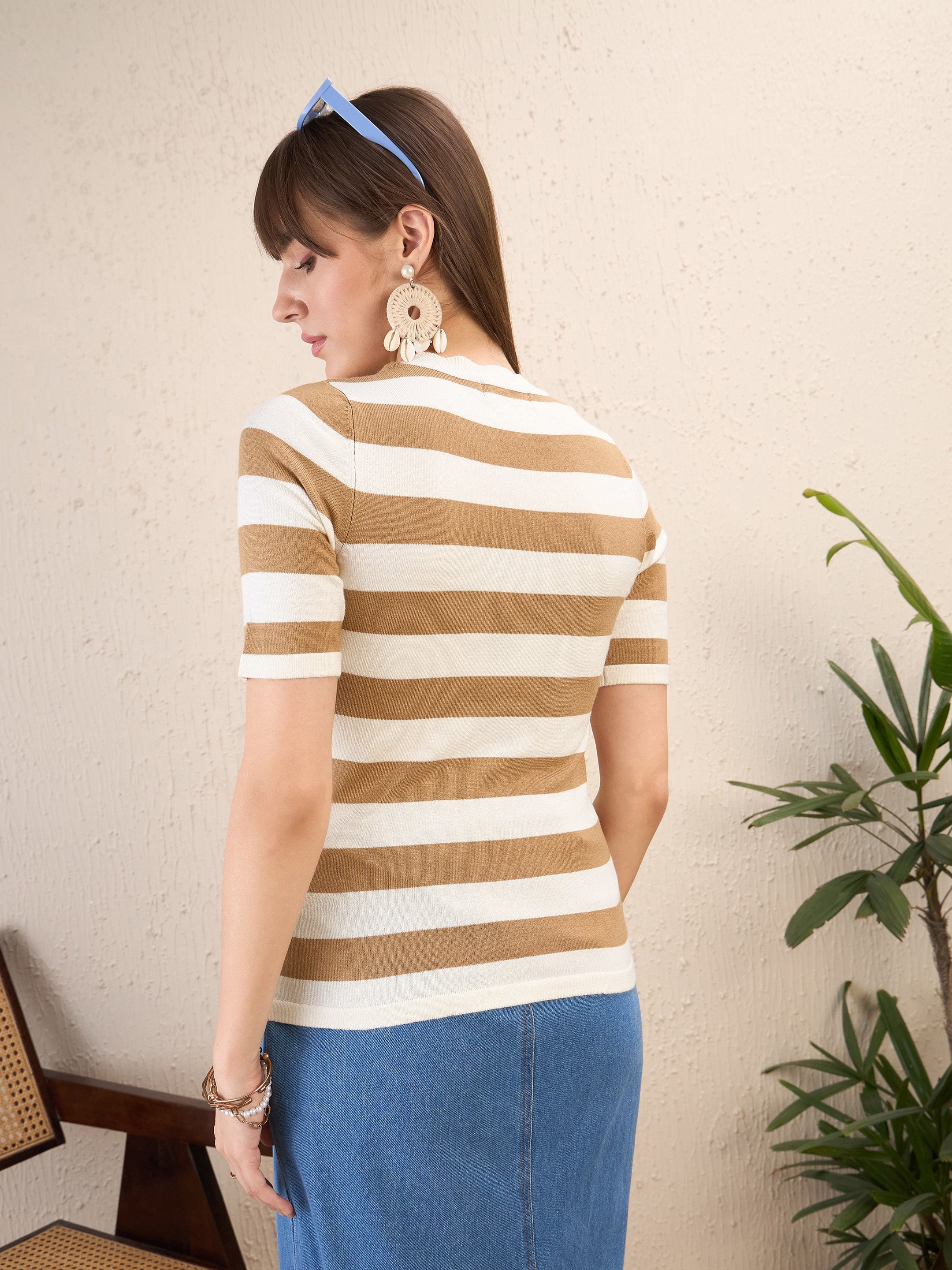 Women Beige & White Striped Acrylic Top