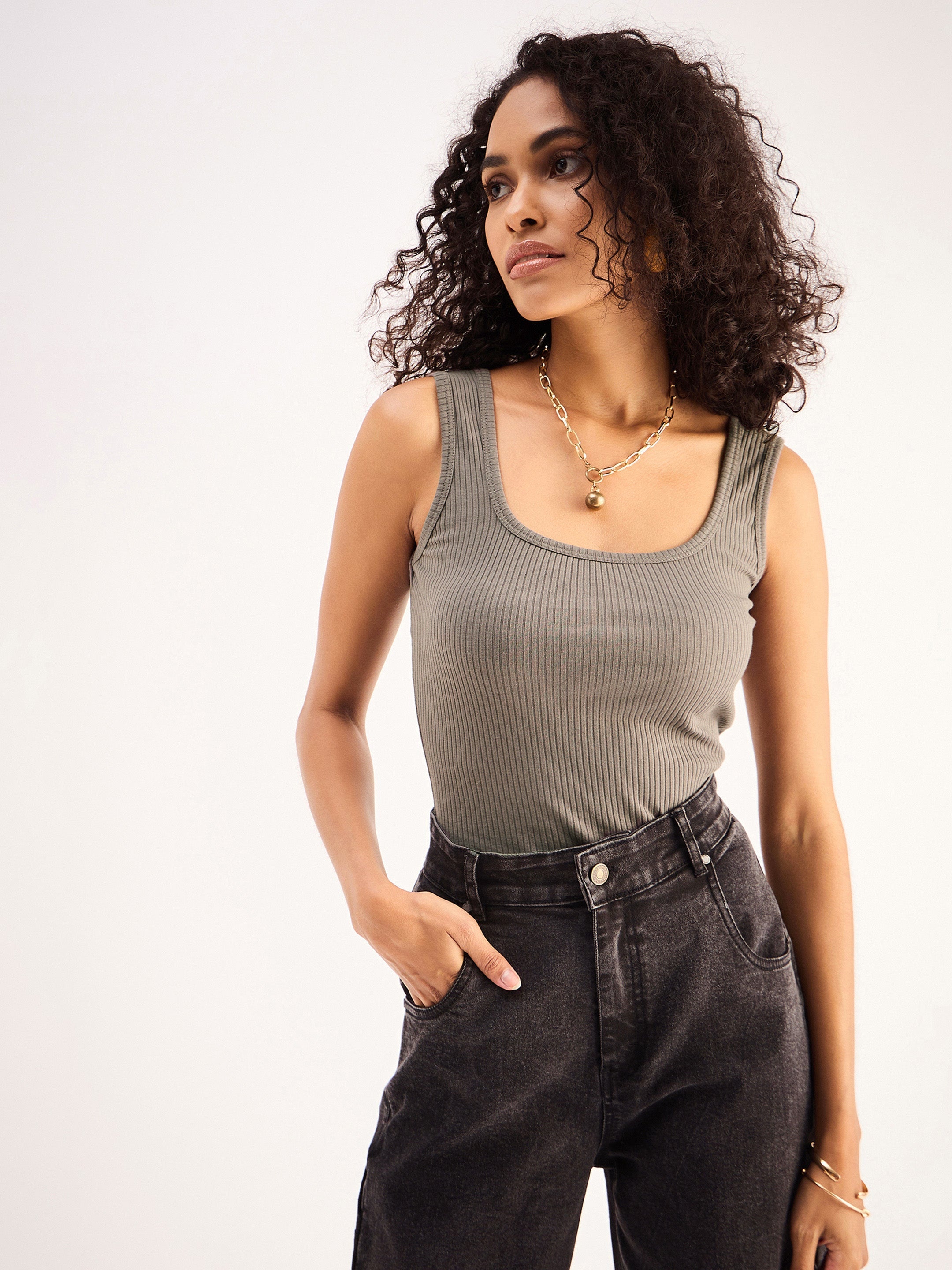 Women Grey Rib Sleveeless Square Neck Top