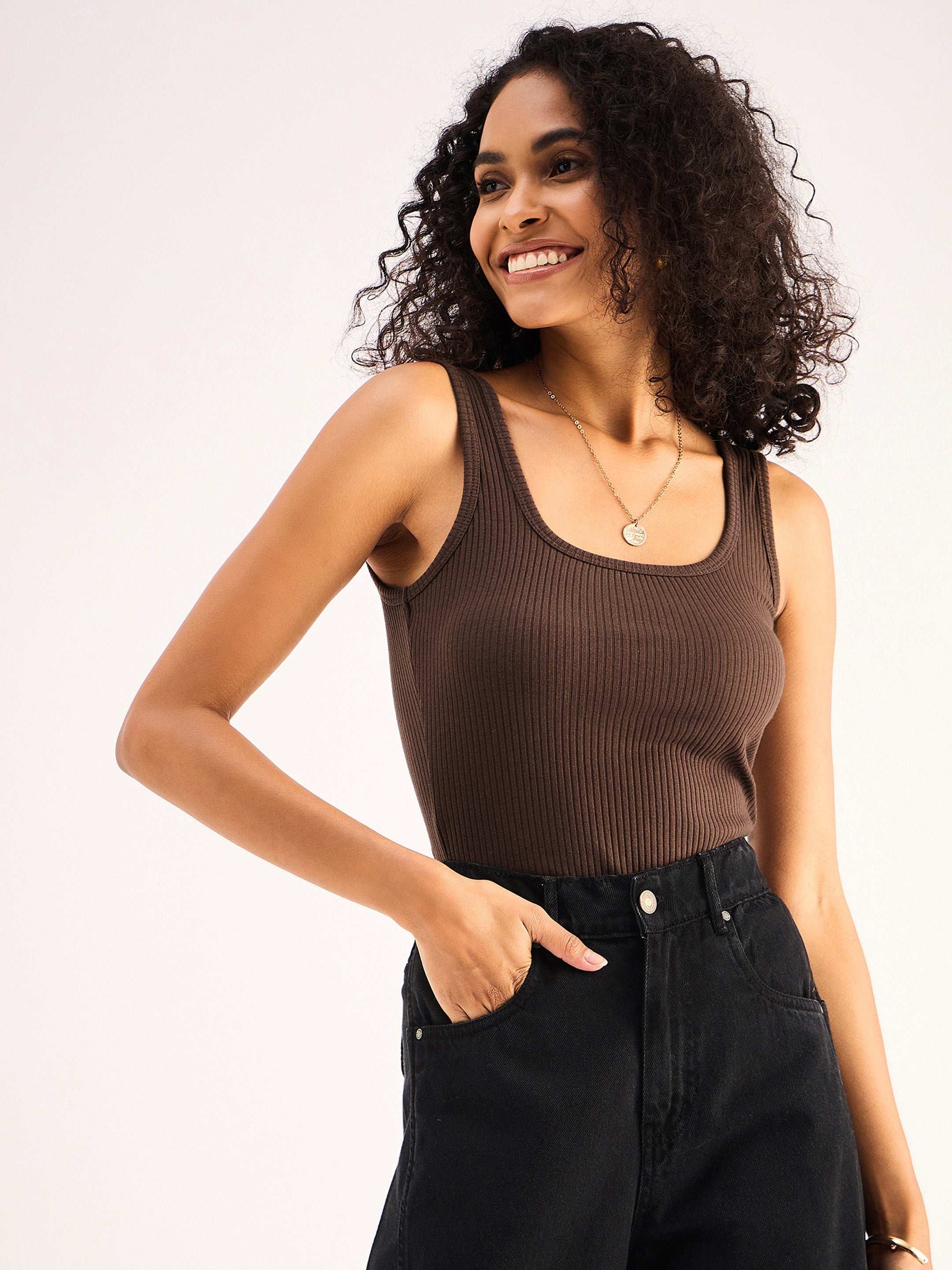 Women Brown Rib Sleveeless  Square Neck Top