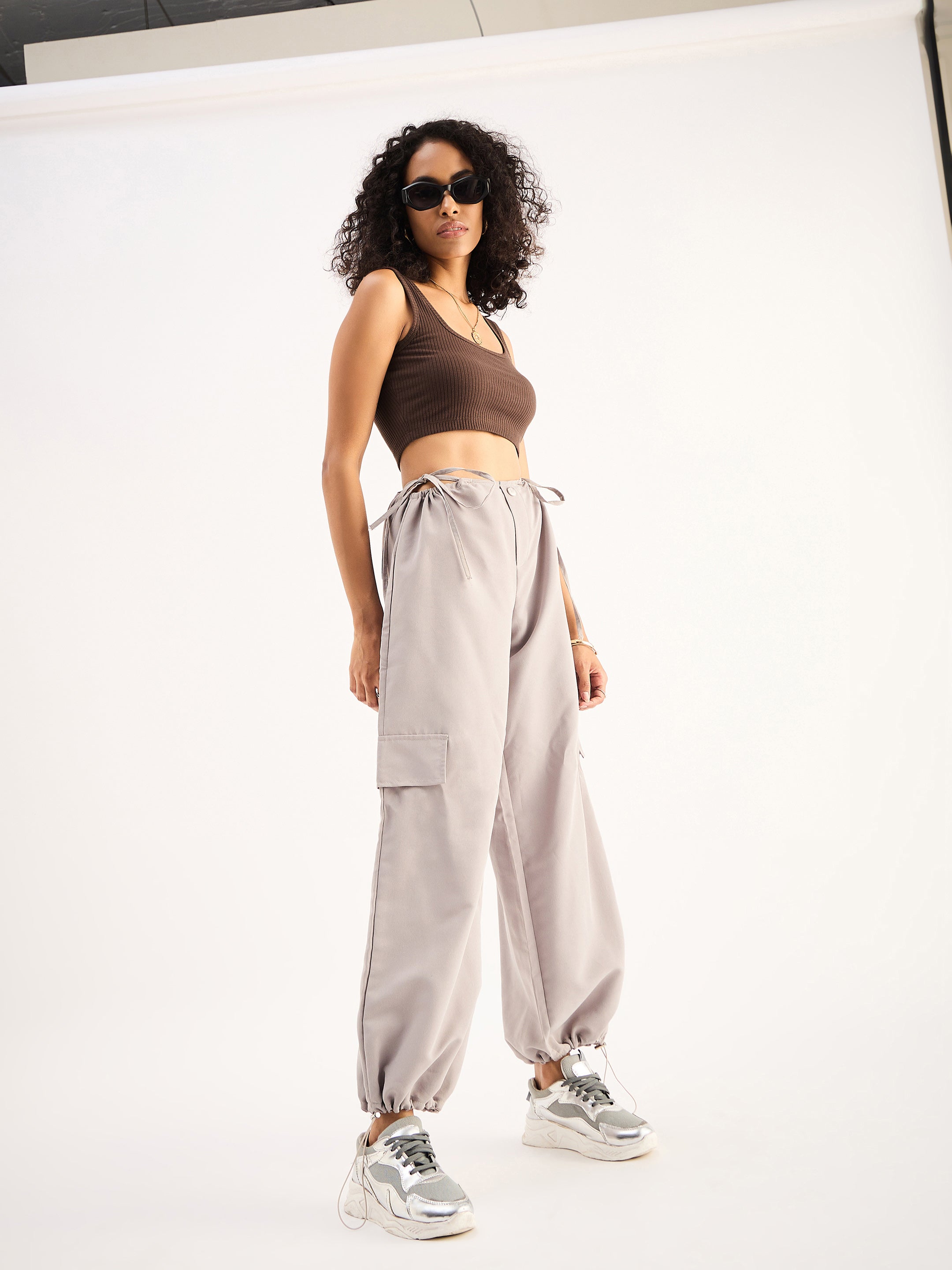 Women Brown Rib Square Neck Cropped Tank Top