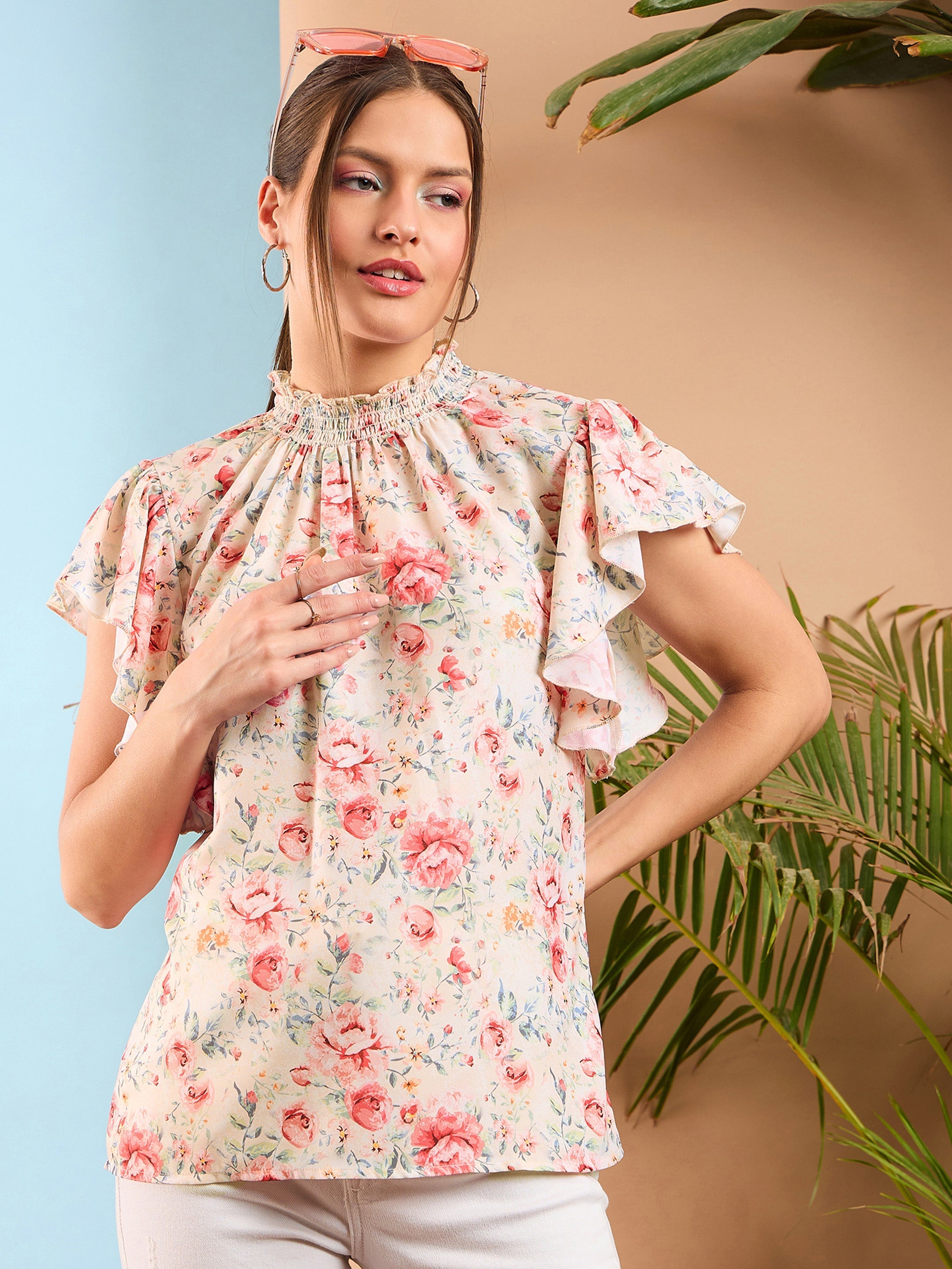 Women Cream Floral Smocked Neck Regular Top