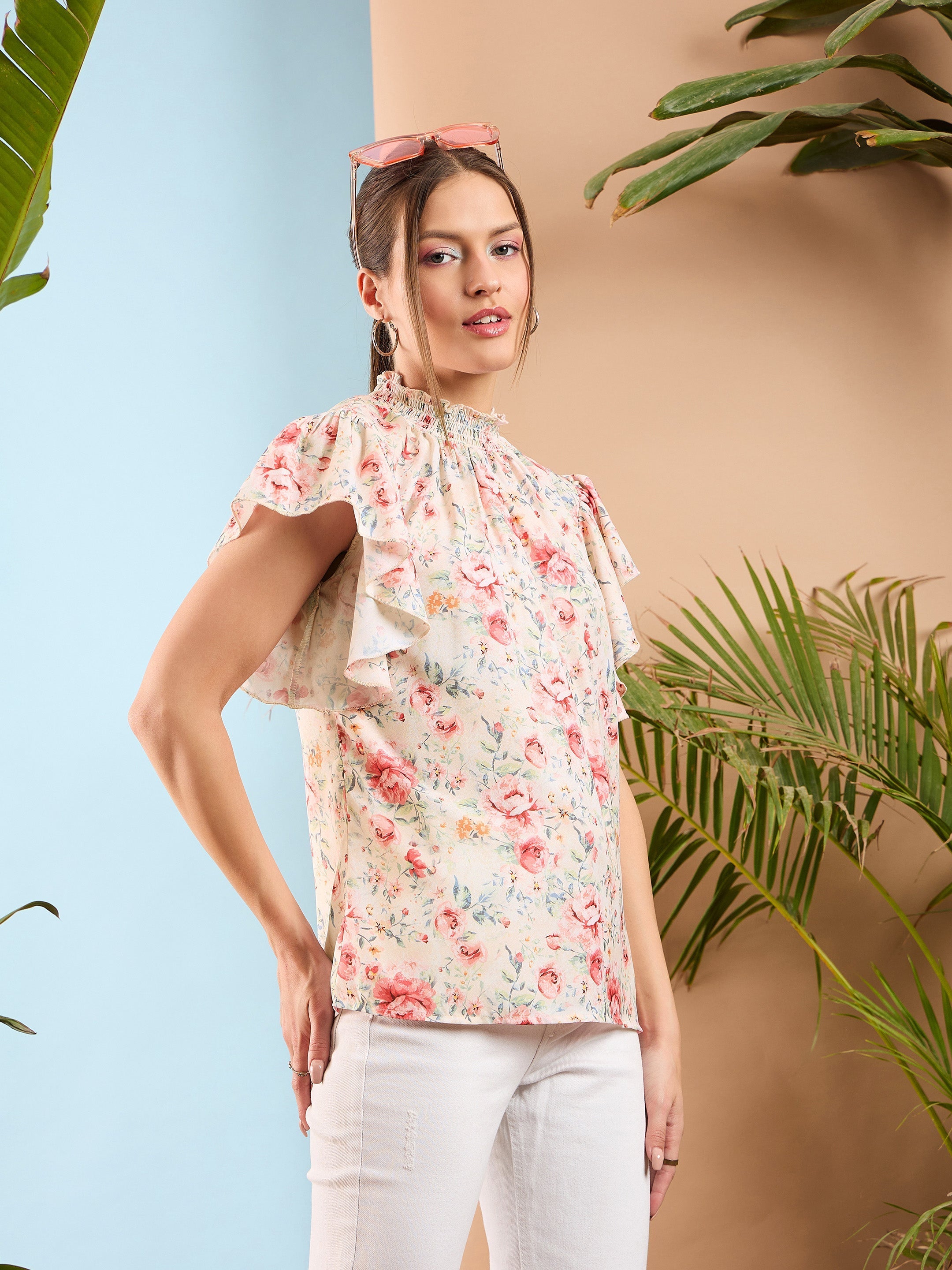 Women Cream Floral Smocked Neck Regular Top