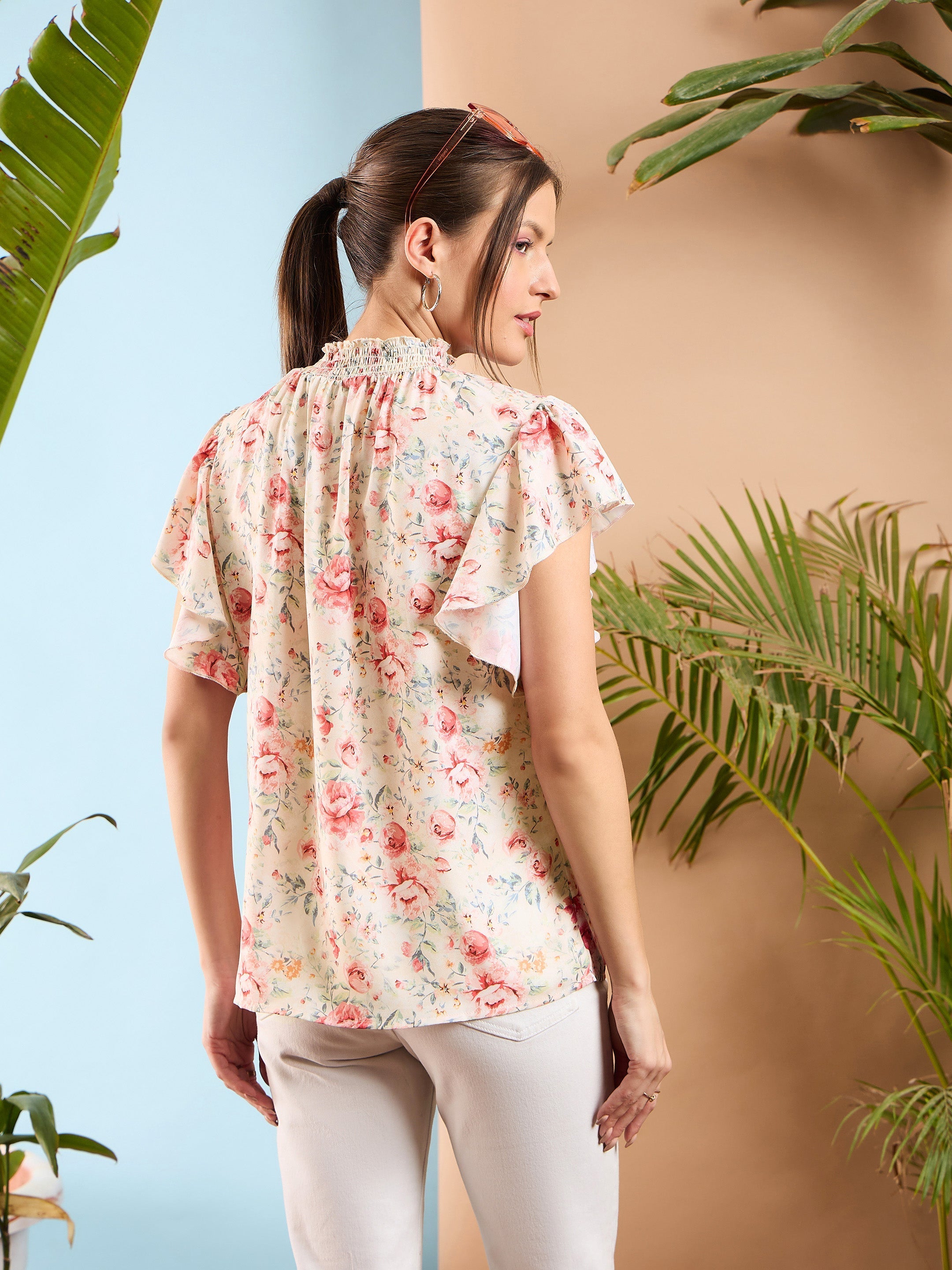 Women Cream Floral Smocked Neck Regular Top