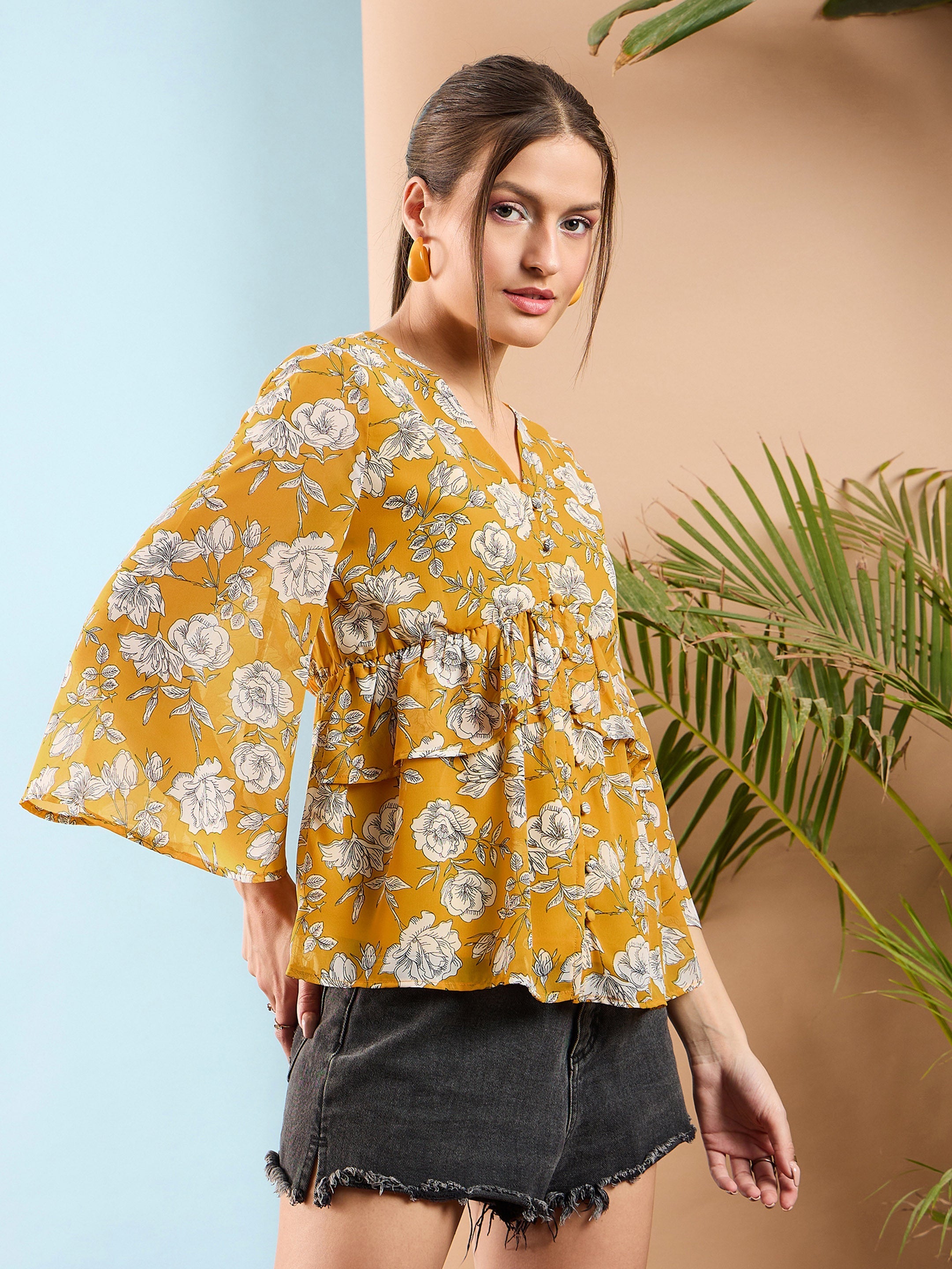 Women Yellow Floral Front Button Frill Peplum Top