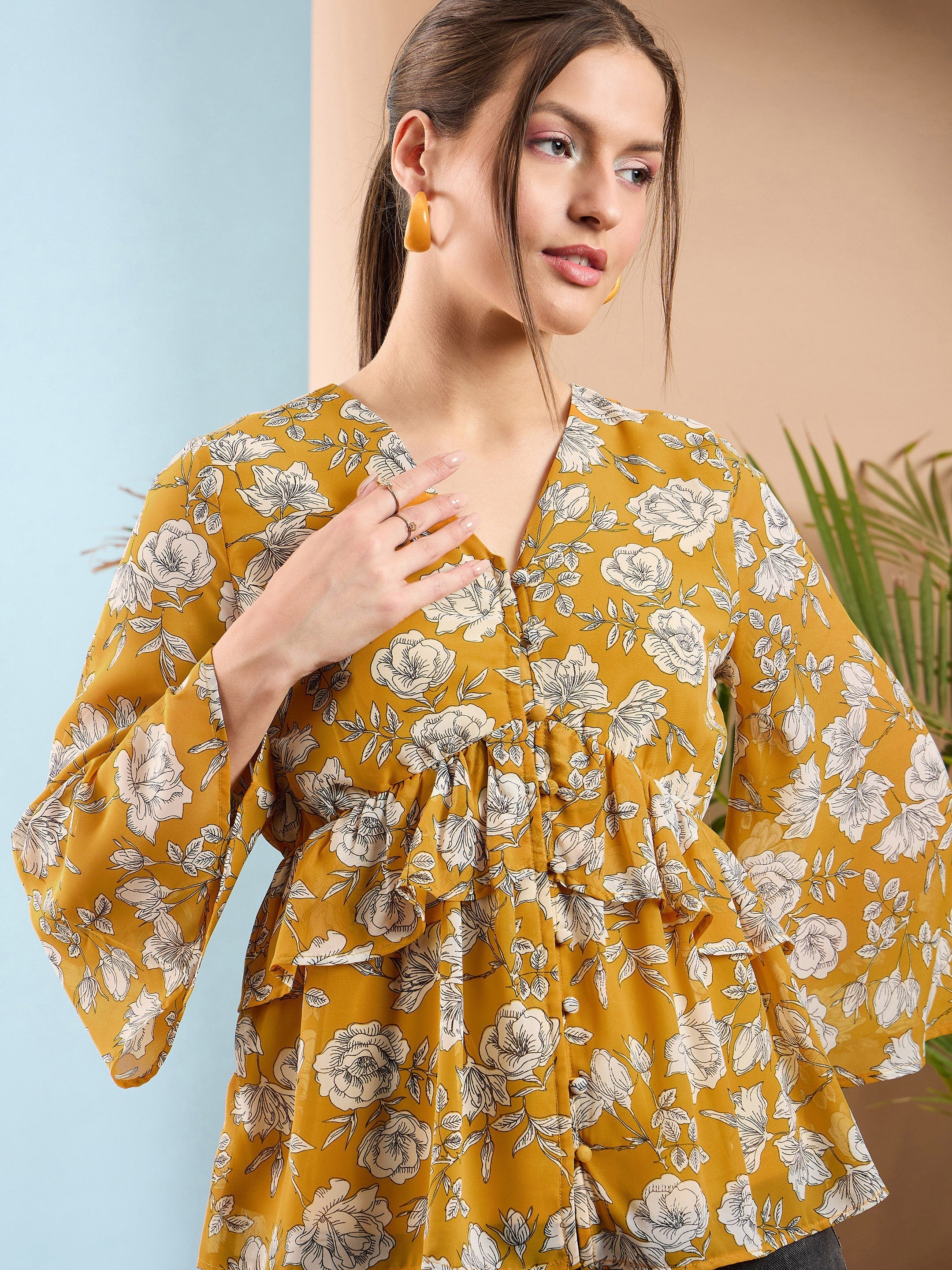 Women Yellow Floral Front Button Frill Peplum Top