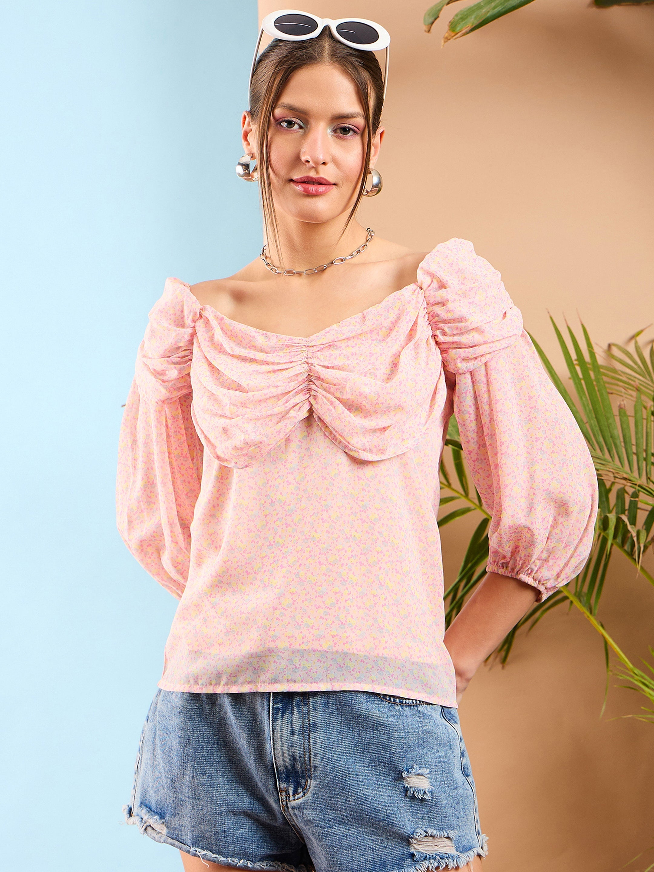 Women Pink Ditsy Floral Ruched Cowl Neck Top