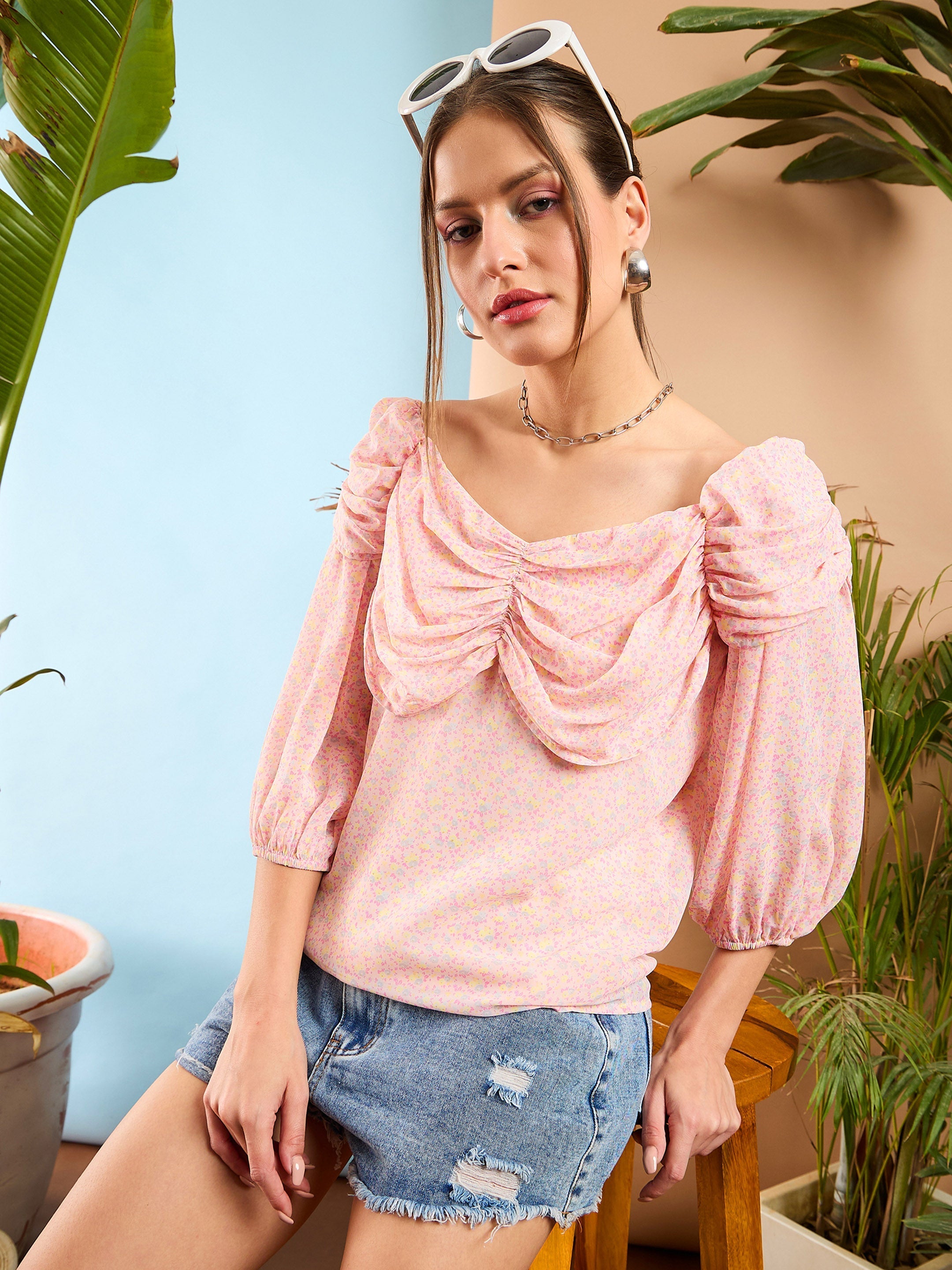 Women Pink Ditsy Floral Ruched Cowl Neck Top