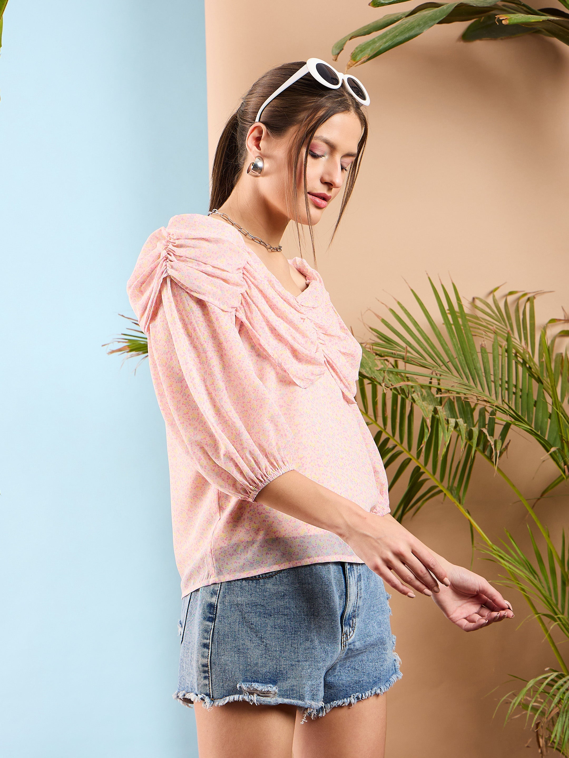 Women Pink Ditsy Floral Ruched Cowl Neck Top