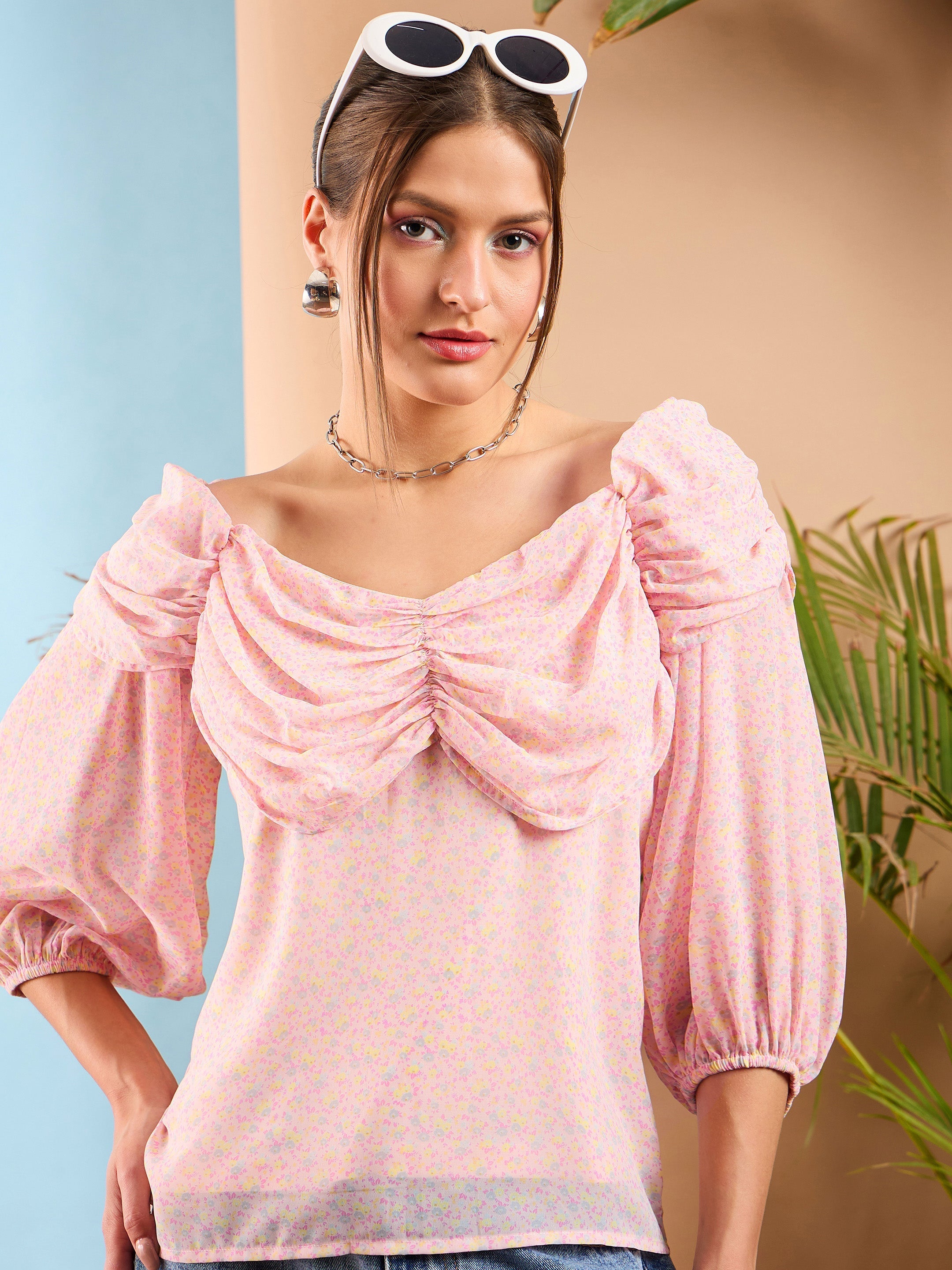 Women Pink Ditsy Floral Ruched Cowl Neck Top