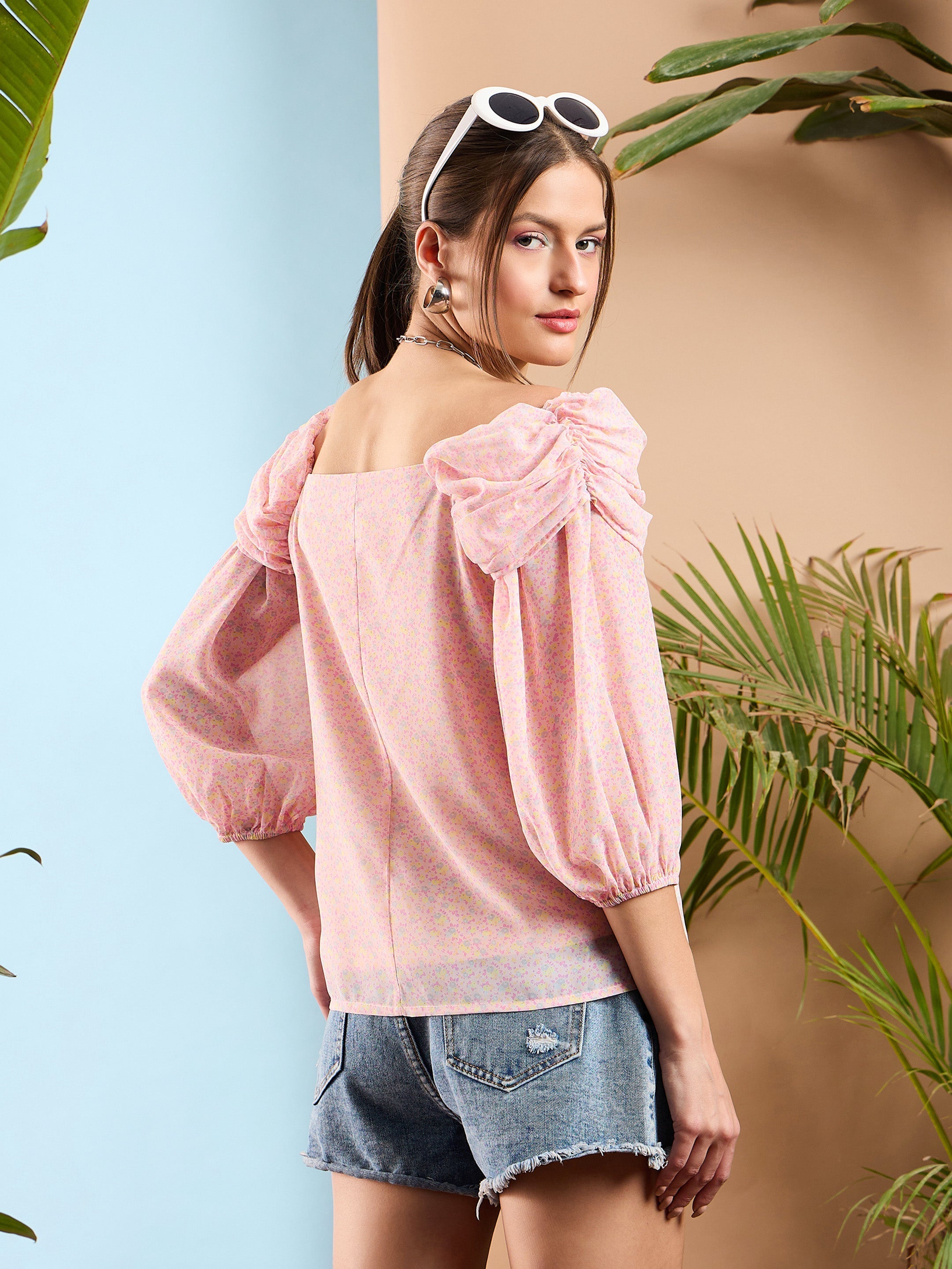 Women Pink Ditsy Floral Ruched Cowl Neck Top